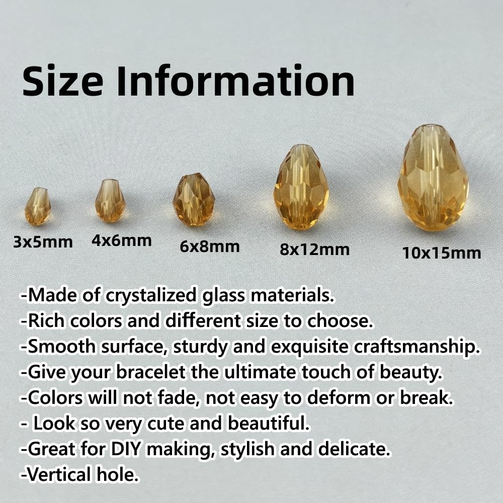 50pcs 10x15mm Teardrop Crystal Glass Beads for Jewelry Making, Faceted Vertical Hole Teardrop Glass Spacer Beads for Wind Chimes Bracelet Earring Necklace DIY Craft(Gold Champagne)