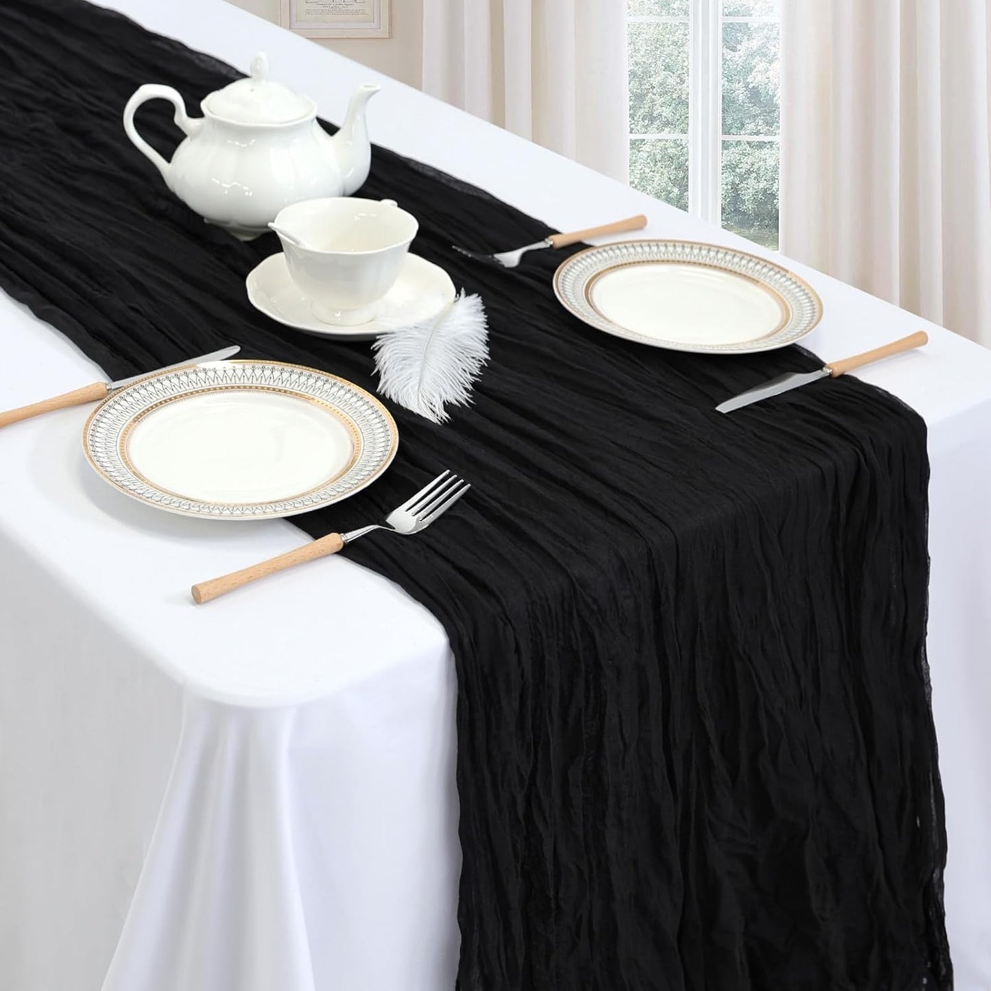 12 Pack Halloween Table Runner Black Cheesecloth 10ft Boho Gauze Fabric Cheese Cloth Table Runner 35 x 120 Inch Rustic Sheer Runner for Wedding Decor Baby Shower Party Table Centerpiece Decoration