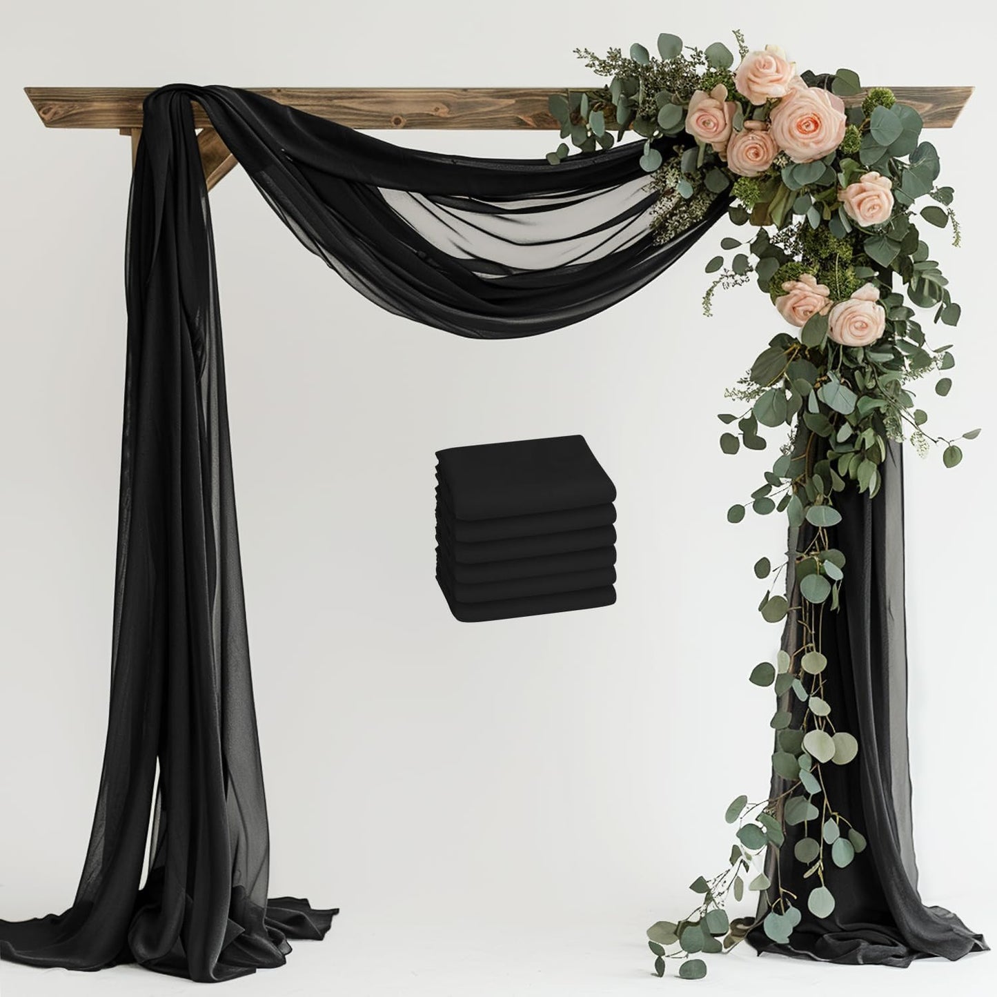 Wedding Arch Draping Fabric 6 Panels 28.7" x 20FT Black Sheer Chiffon Backdrop Drapes for Wedding Ceremony Birthday Party Bridal Shower Outdoor Decoration