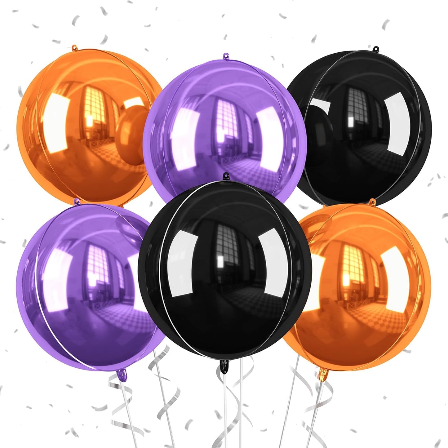 Halloween Black and Orange Foil Balloons, 6 Pcs Large Metallic Orange Black Purple Giant 4D Round Balloons, 22 Inch Big Round Foil Balloon for Birthday Party Halloween Decorations