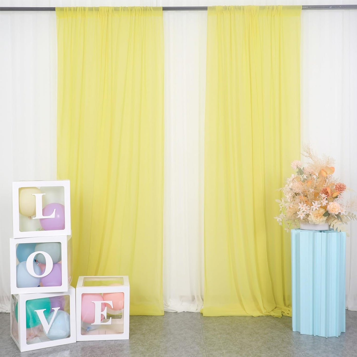 DUOBAO Yellow Chiffon Backdrop Curtains 108 Inches 2 Panels 29 Inch Width Backdrops Drape Semi Sheer Curtain 108 Long Beach Drapes for Living Room Voile Background for Wedding Ceremony