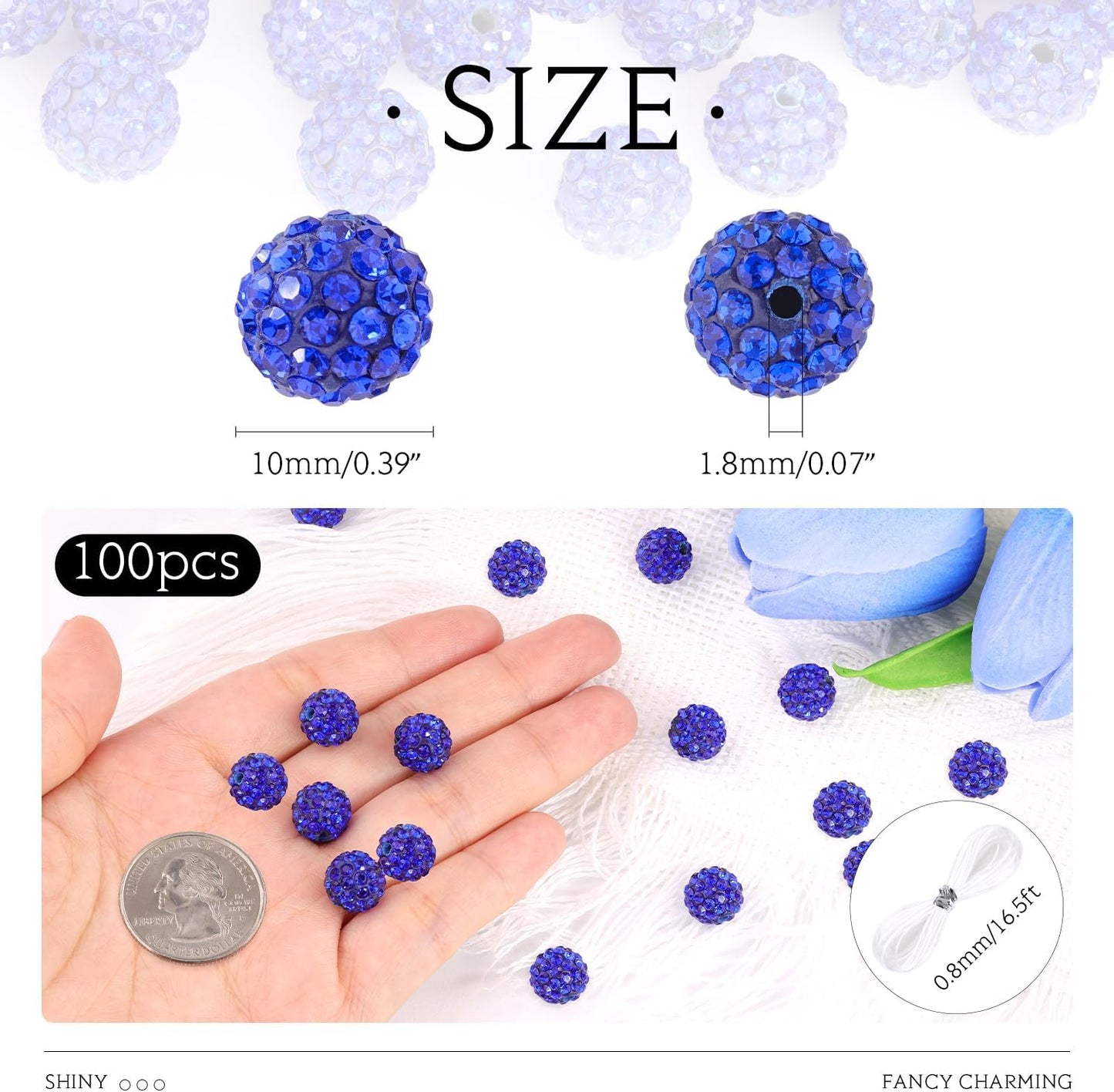 100 Pcs 10 Mixed Colors Rhinestone Beads for Jewelry Making, Sparkle Crystal Clay Christmas for Bracelet Baseball Necklace Earring Crafting and DIY, Shiny Round Shamballa Disco Ball Beads