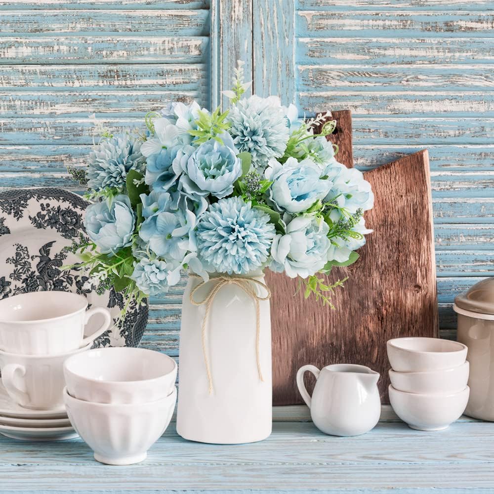 LESING Artificial Peony with Vase Silk Flowers Bouquets Fake Hydrangea Bulks for Home Table Centerpieces Wedding Decoration(Blue-1)