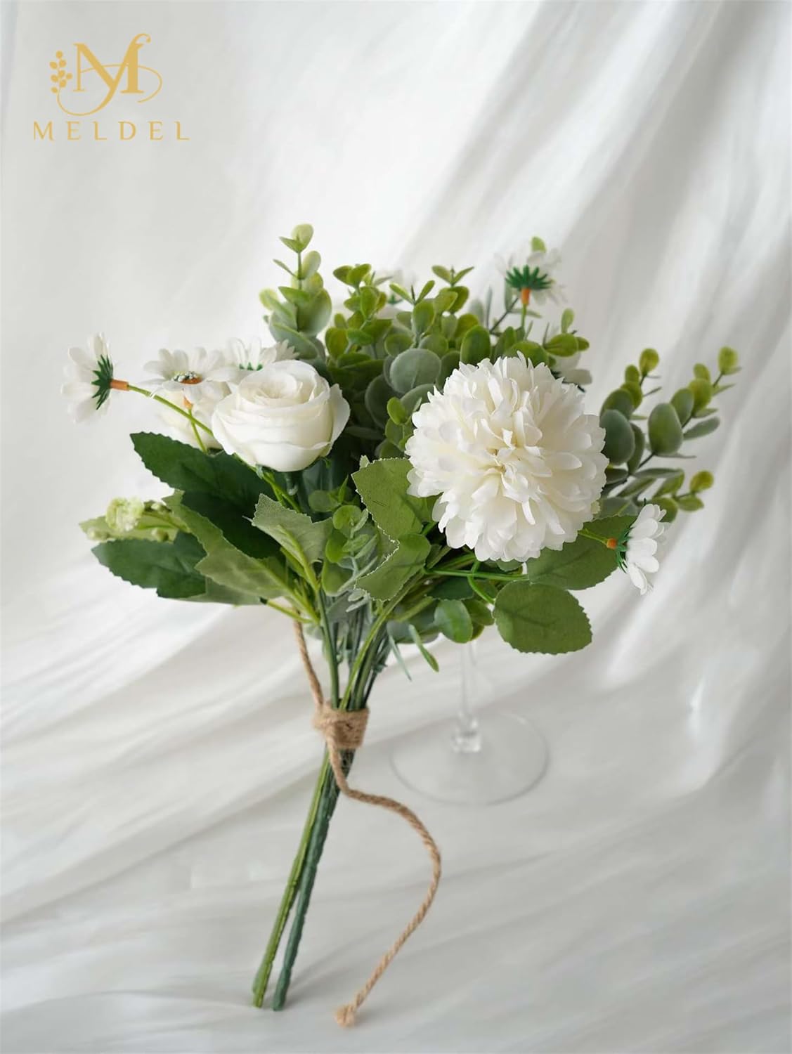 Meldel 3 Pcs Bouquet Rose Artificial Fake Flowers Eucalyptus Plants Faux Silk Flower Arrangements Wedding Bouquets Decorations Floral Table Centerpieces for Home Kitchen Garden Party Decor (White)