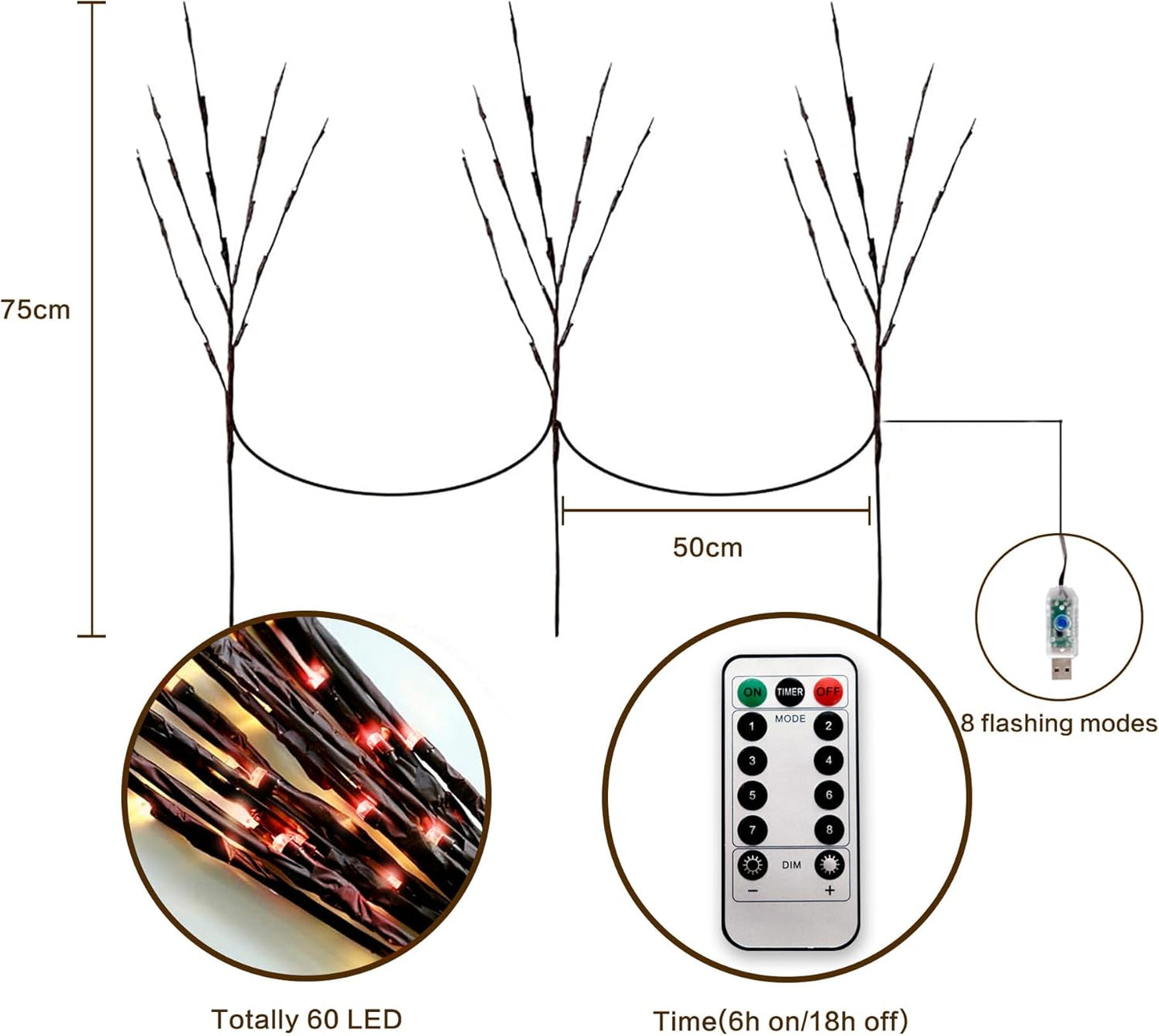 MENCH Branch Lights,3 Pcs Twig Light USB&Battery Powered 8 Flashing Modes by Remote Control.Branch Lights for Indoor, Light Up Decorations for Halloween Day and Christmas,Red