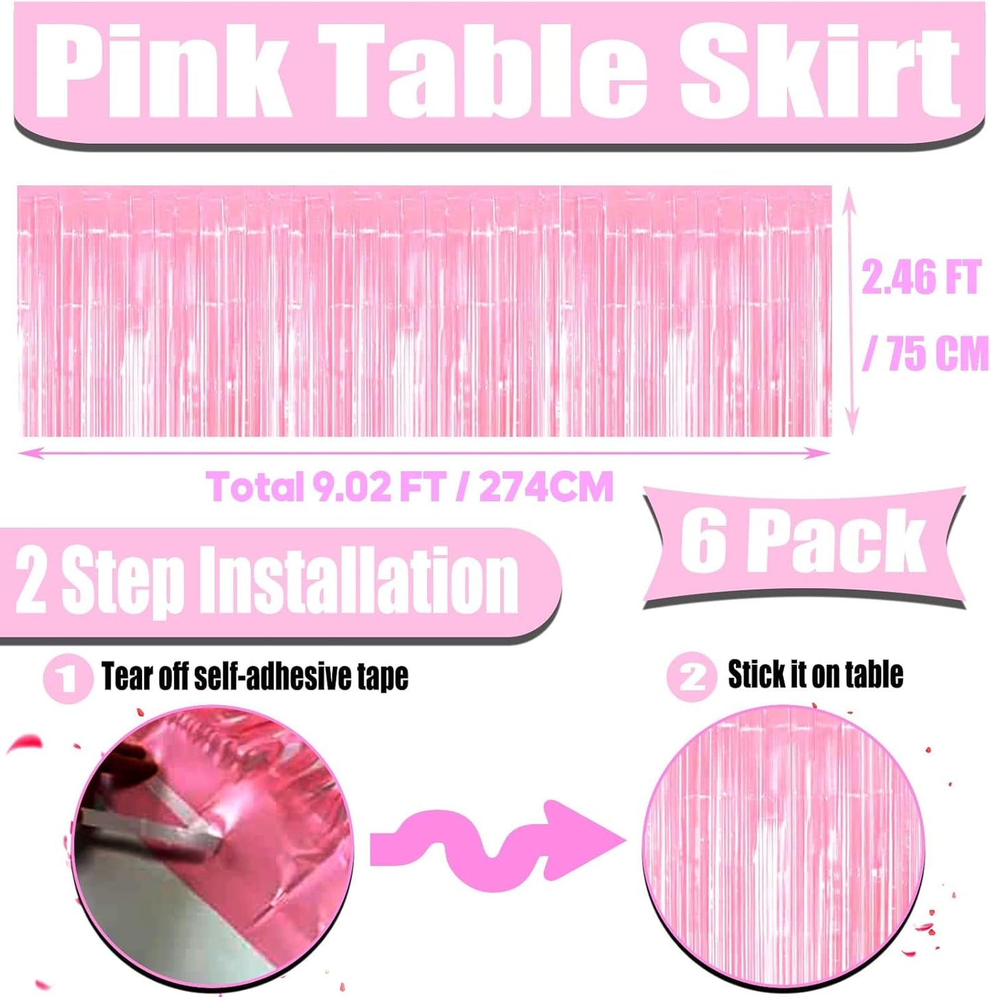 6 Pack 29x108 Inch Metallic Foil Fringe Tinsel Table Skirts Banner for Rectangle Tables Streamer Garland Curtains Backdrop for Birthday, Parade Floats, Valentine's Day Party Decoration(Macaron Pink)