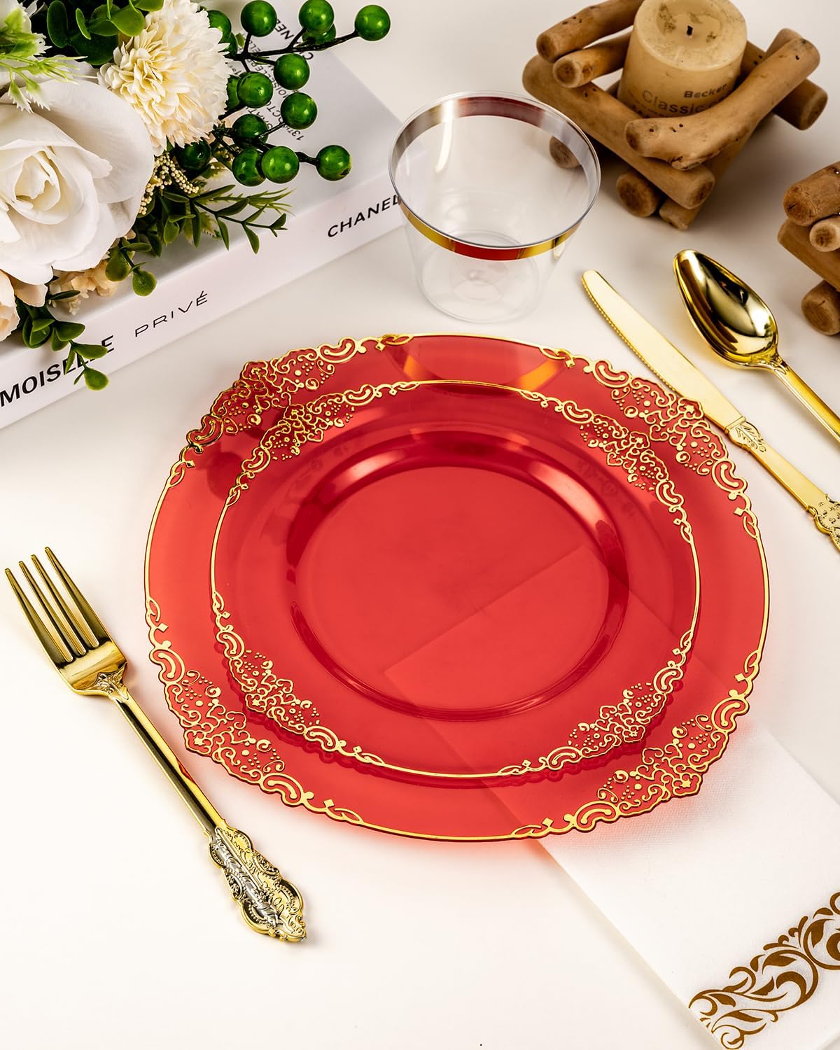 Goodluck 350 Piece Red Dinnerware Set for 50 Guests, Fancy Disposable Plates, Include: 100 Red Rim Plastic Plates, 150 Silverwares, 50 Pre Rolled Napkins, 50 Cups for Party, Wedding