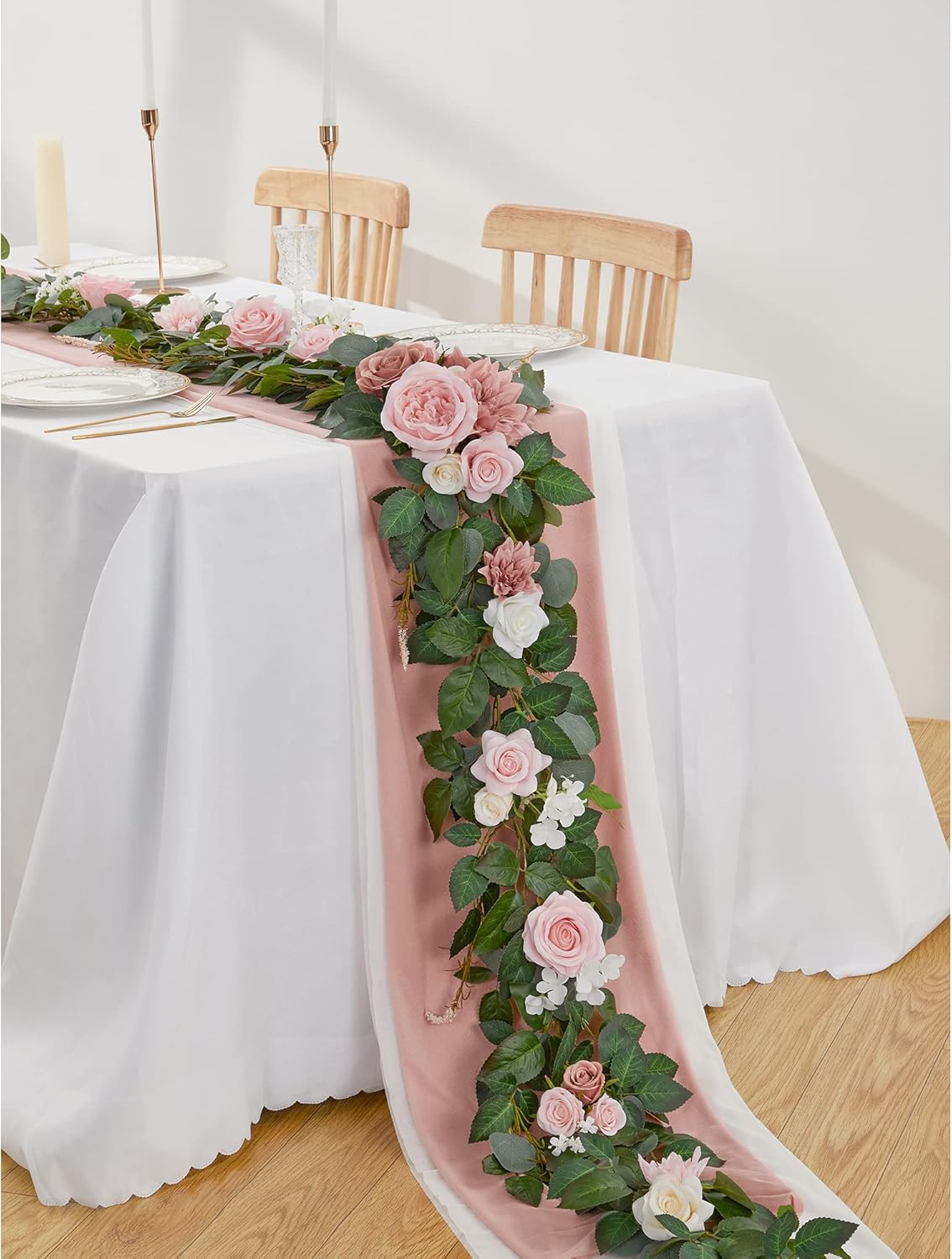 9FT Eucalyptus Garland with Flowers, Artificial Flowers Garland Table Runner Decor Arch Backdrop Head Table Decorations for Wedding Sweetheart Table Centerpieces（Blush Pink）
