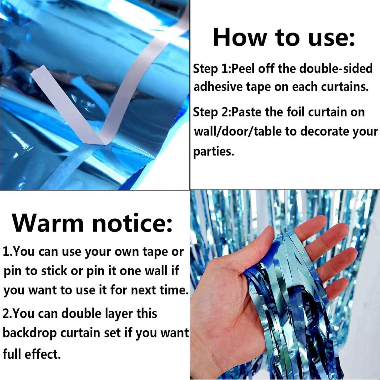 4 Pack Light Blue Foil Fringe Curtain Backdrop, 3.28Ft x 8.2Ft Metallic Tinsel Foil Fringe Streamer Curtains for Photo Booth Props, Birthday, Wedding, Christmas Decoration Party Supplies New