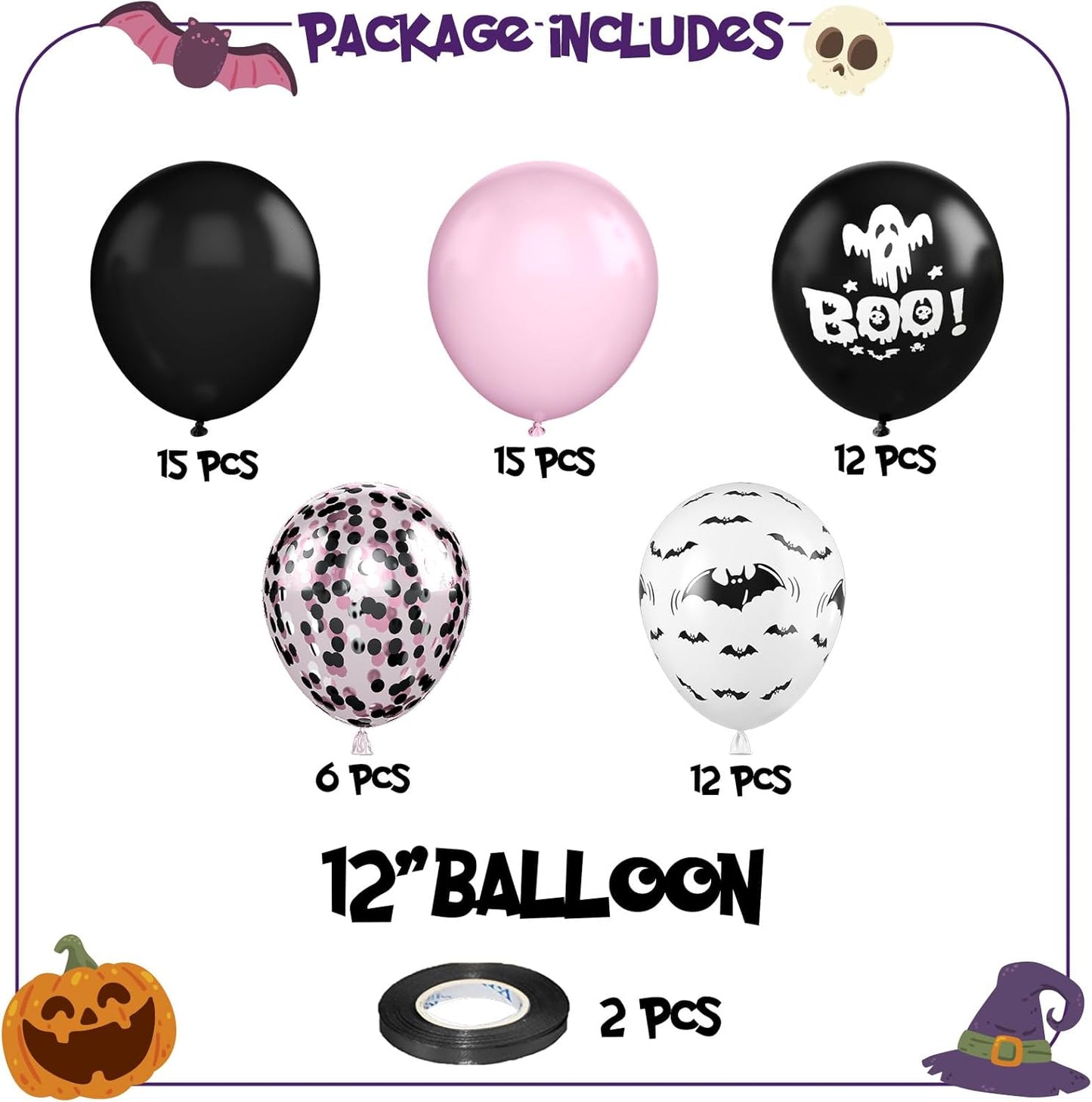 FunHot Halloween Party Balloons, 60Pcs Pink Black Halloween Balloon, 12 Inch Black Pink Confetti Balloons Bat Ghost BOO Printed Pattern Balloon with Ribbons for Kids Birthday Halloweens Decoration