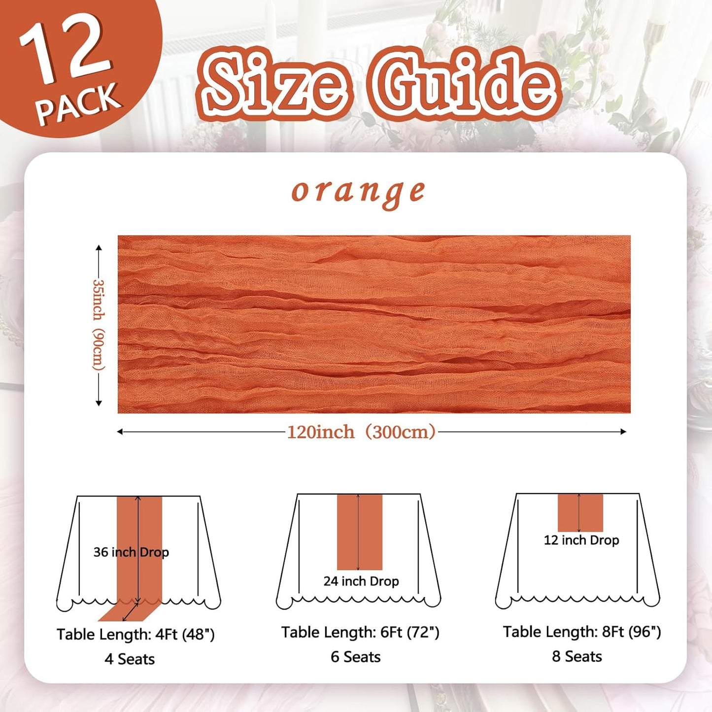 12 Pack Fall Thanksgiving Table Runner Orange 10ft Boho Gauze Fabric Cheesecloth Table Runner 35 x 120 Inch Rustic Sheer Runner for Wedding Home Décor Halloween Party Table Centerpiece Decorations
