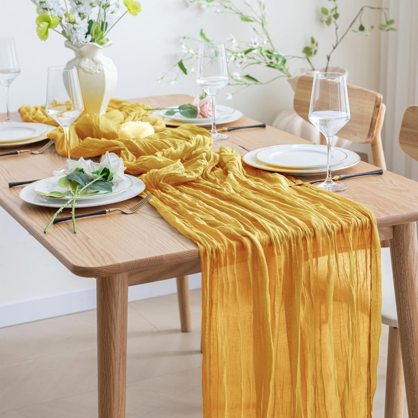 Asee'm 3pcs Cheesecloth Table Runner 120 Inches Long Gold Boho Gauze Cheese Cloth Runner 10FT Rustic Sheer Table Runners for Christmas Wedding Party Baby Shower Spring Easter Decoration