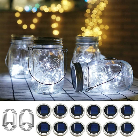 Solar Mason Jar Lights, 12 Pack 30 LED Waterproof Lid Light with Hangers (No Jar), Fairy Firefly Outdoor String Lights for Regular Mason Jar, Patio, Yard, Garden, Wedding Decoration (Cold White)
