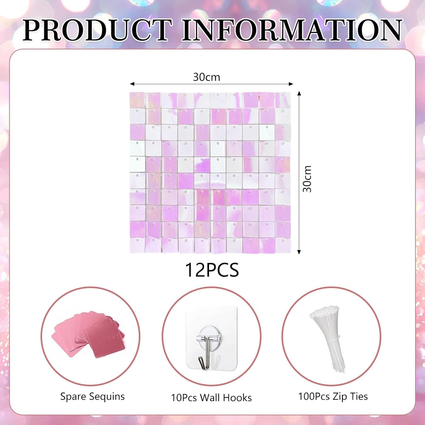 12PCS Colorful Light Pink Shimmer Wall Backdrop, Square Sequin Photo Backdrops Panel, Glitter Wall Background for Birthdays, Weddings, Christmas, Engagements, Disco Bachelorette Party Decor (3FTx4FT)