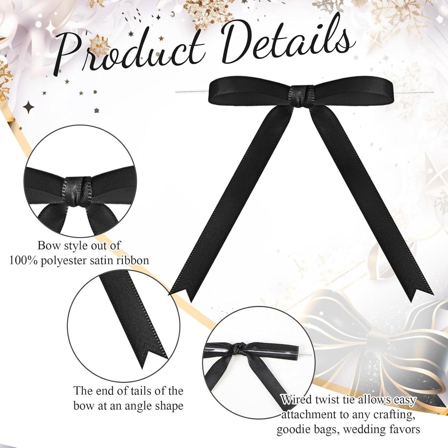 Riceshoot 50 Pcs Twist Tie Bows for Cake 3x4.5 Inch Satin Ribbon Bows for Gift Wrapping Treat Bags Craft DIY Wedding Baby Shower Birthday Party(Black)