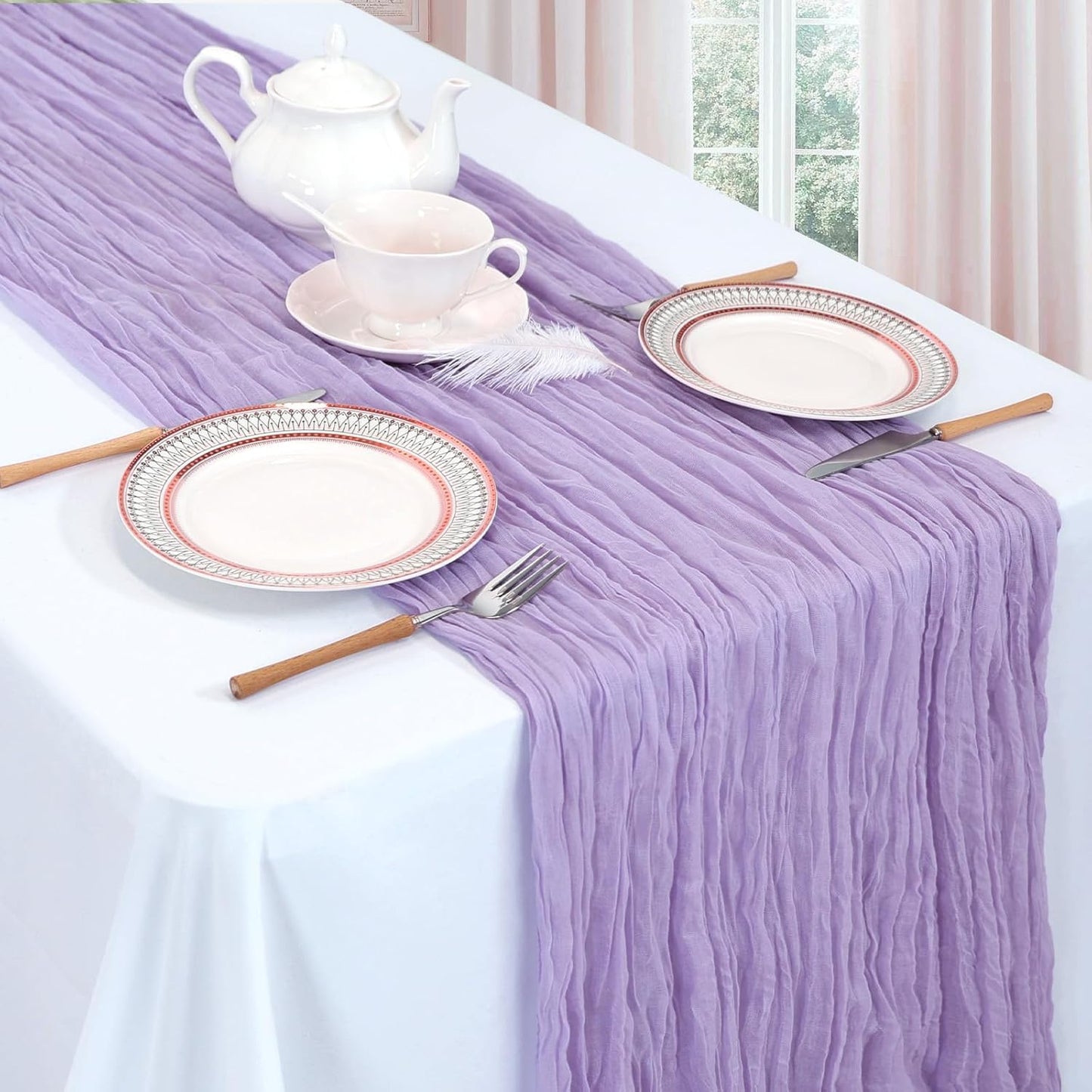 12 Pack Lilac Purple Cheesecloth Table Runner 10ft Boho Gauze Fabric Cheese Cloth Table Runner 35 x 120 Inch Rustic Sheer for Romantic Wedding Decor Baby Shower Party Table Centerpiece Decoration
