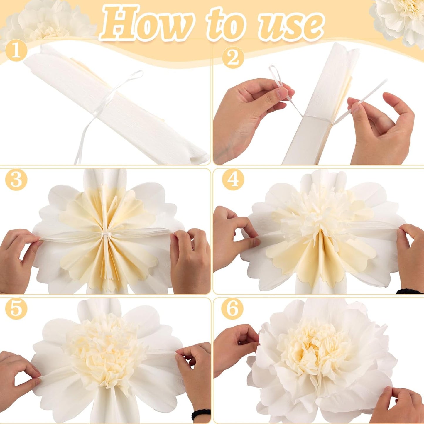 SUNBEAUTY 6 Pcs White Giant Paper Flowers Decorations 12" Large Tissue Artificial Crepe Paper Flowers for Party Wedding Wall Table Birthday Baby Shower Bridal Nursery Room Tea Party Backdrop Decor