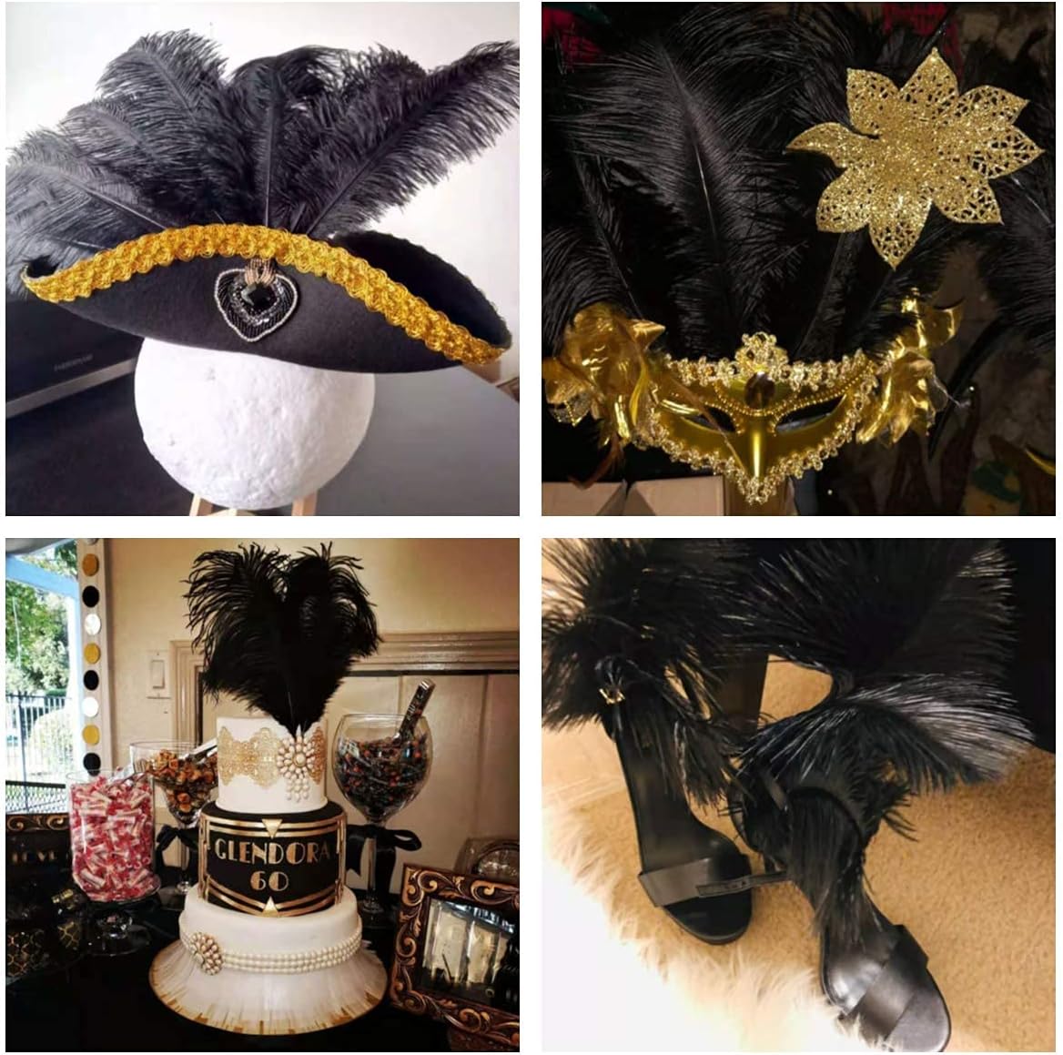 24pcs Natural Black Ostrich Feathers 10-12inch (25-30cm) for Wedding Party Centerpieces，Flower Arrangement and Home Decoration.