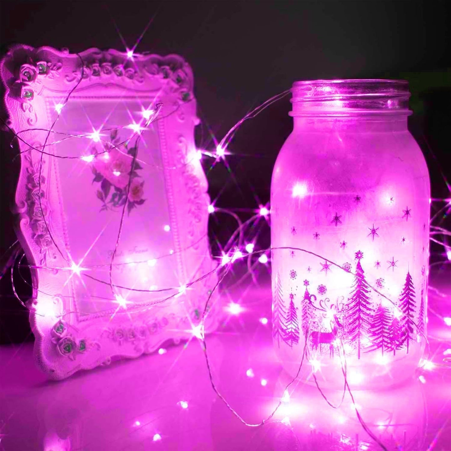 24 Pack LED Fairy Lights Battery Operated 7Ft 20Led Mini String Lights Waterproof Christmas for Mason Jars Bedroom DIY Party Wedding Christmas Decor Pink