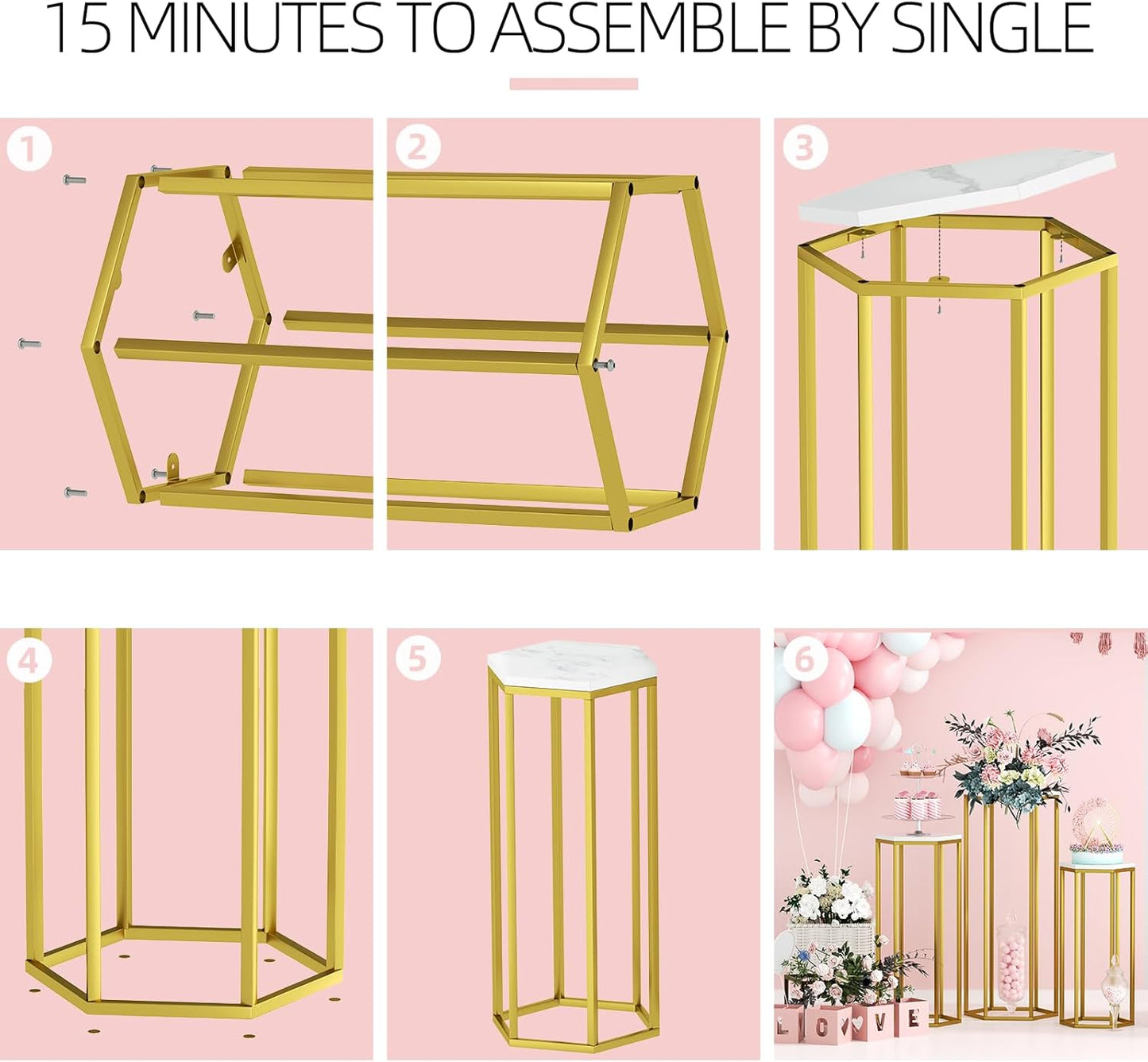 Urban Deco Cylinder Stands for Party, Set of 3 Gold Metal Hexagon Cake Pedestal Stand with Marbled Countertop, Flower Plant Pedestal Stands for Display Parties Wedding Birthday Decor, 3PCS, Gold