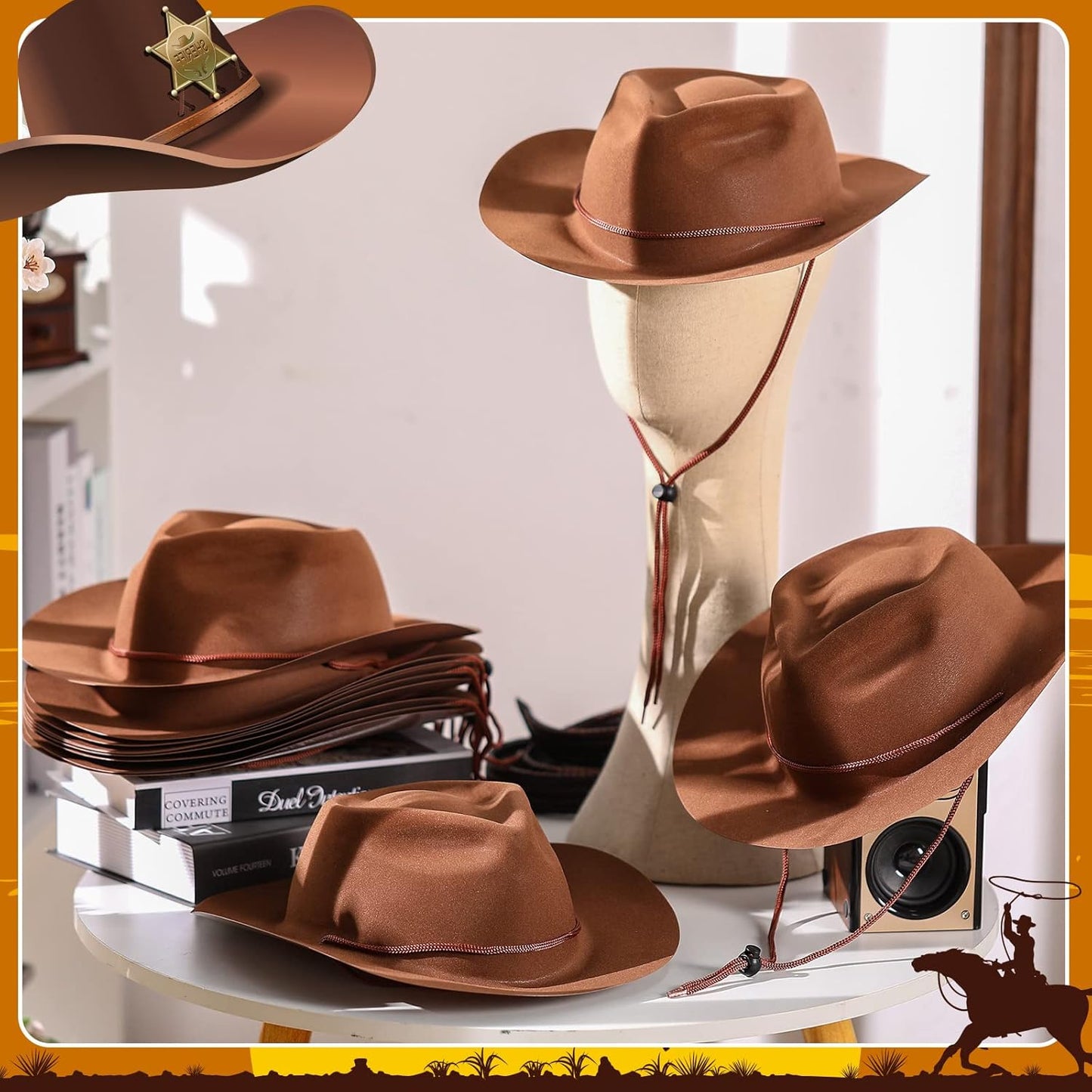 Mepase 24 Pieces Disposable Plastic Western Cowboy Hat Set Felt Wide Brimmed Cowgirl Hats for Men Women Costume Party(Brown)