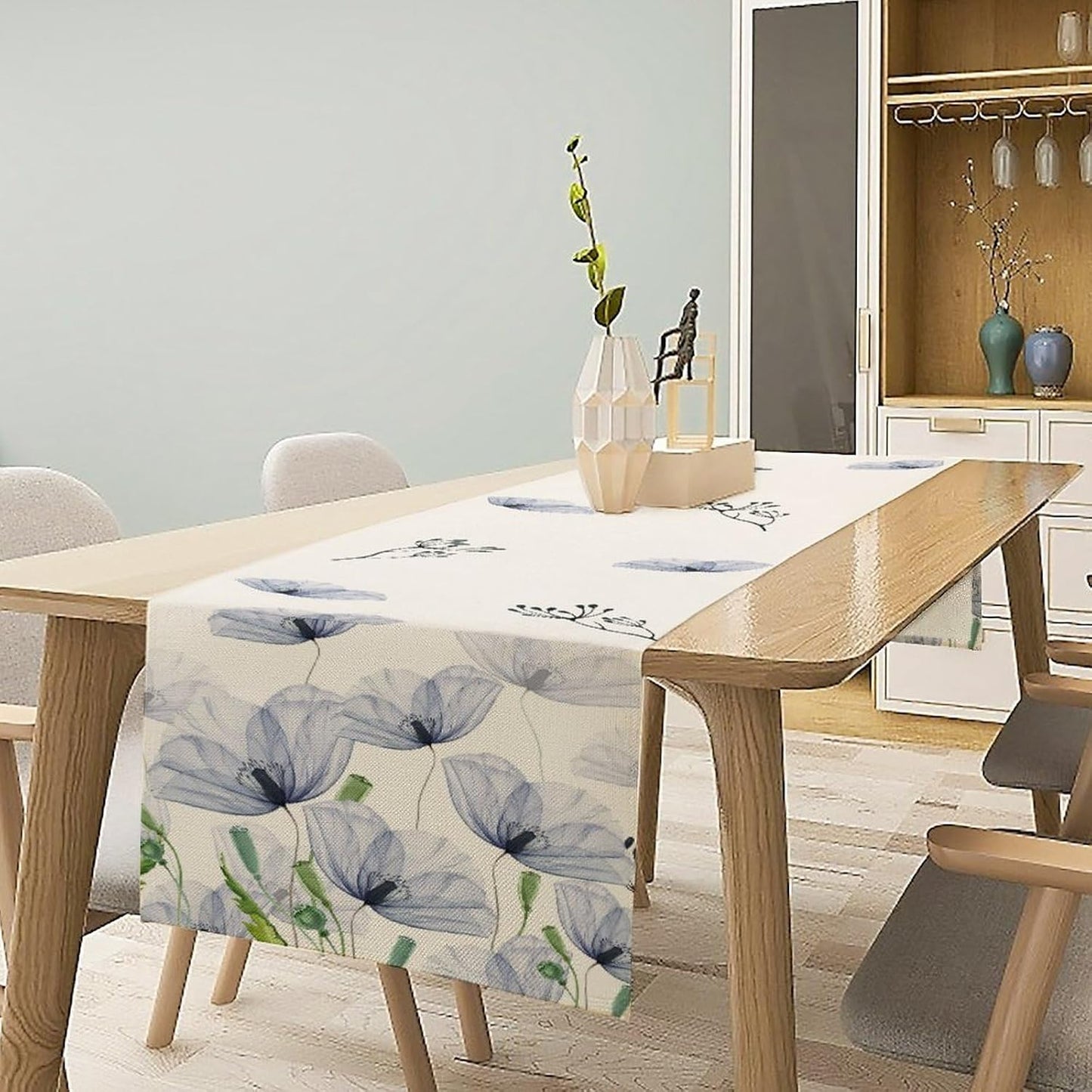 Watercolor Poppy Floral Table Runner, Abstract Seasonal Spring Summer Blue Purple Flower Kitchen Dinning Table Runner for Indoor Outdoor Home Wedding Party Holiday, 13x90 Inch