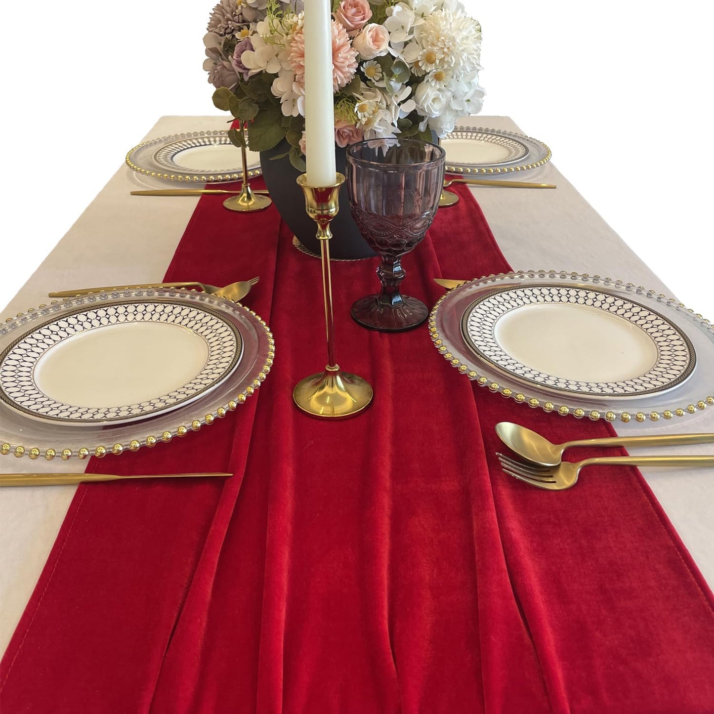 Velvet Table Runner, 10ft Luxurious Wedding Reception Decorations Soft Velvet Fabric Table Linen Overlay for Party (20 x 120 inch, Red)