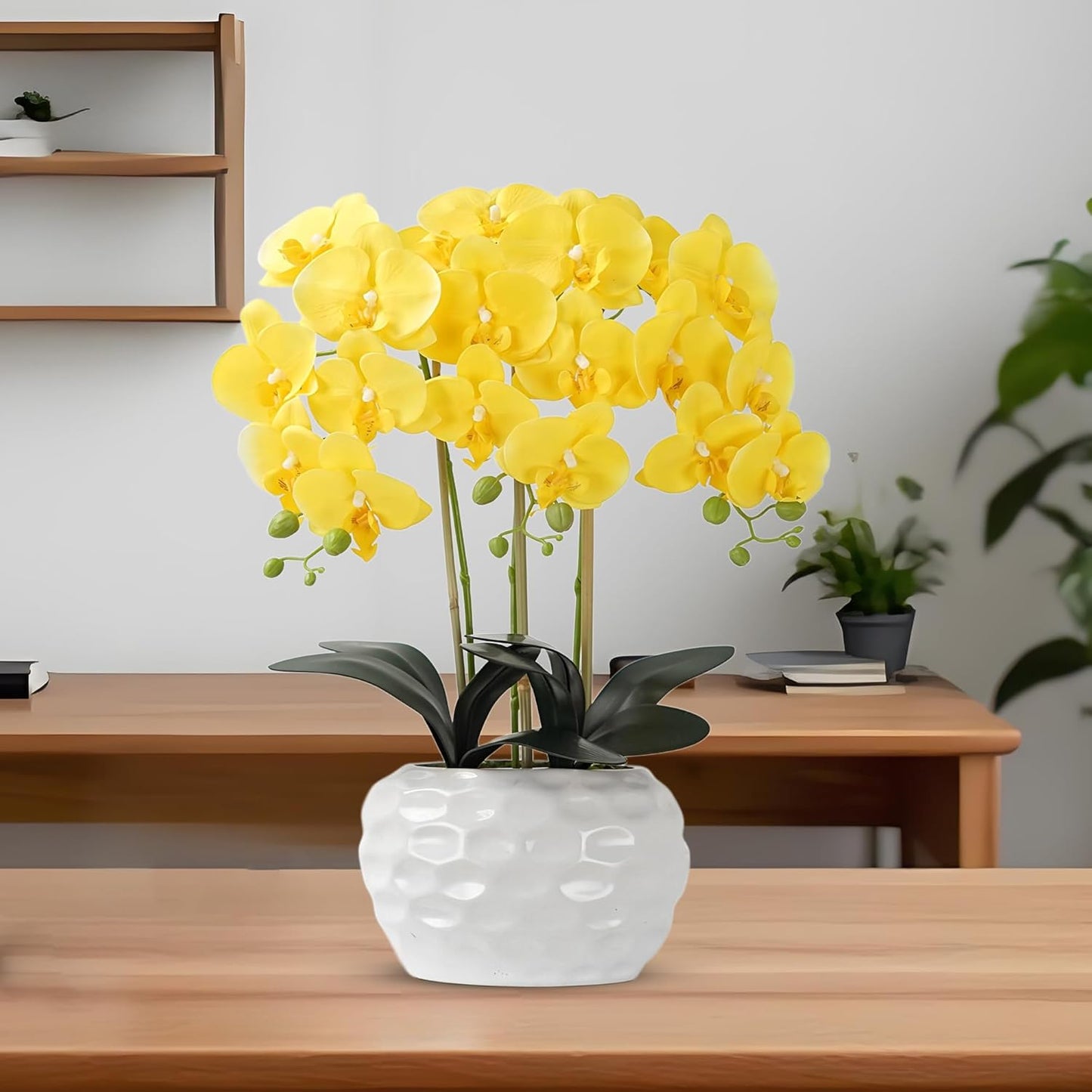 Orchid Artificial Flowers with White Vase Large Silk Faux Phalaenopsis Flowers for Dining Room Table Floral Centerpieces Indoor Decoration,Yellow