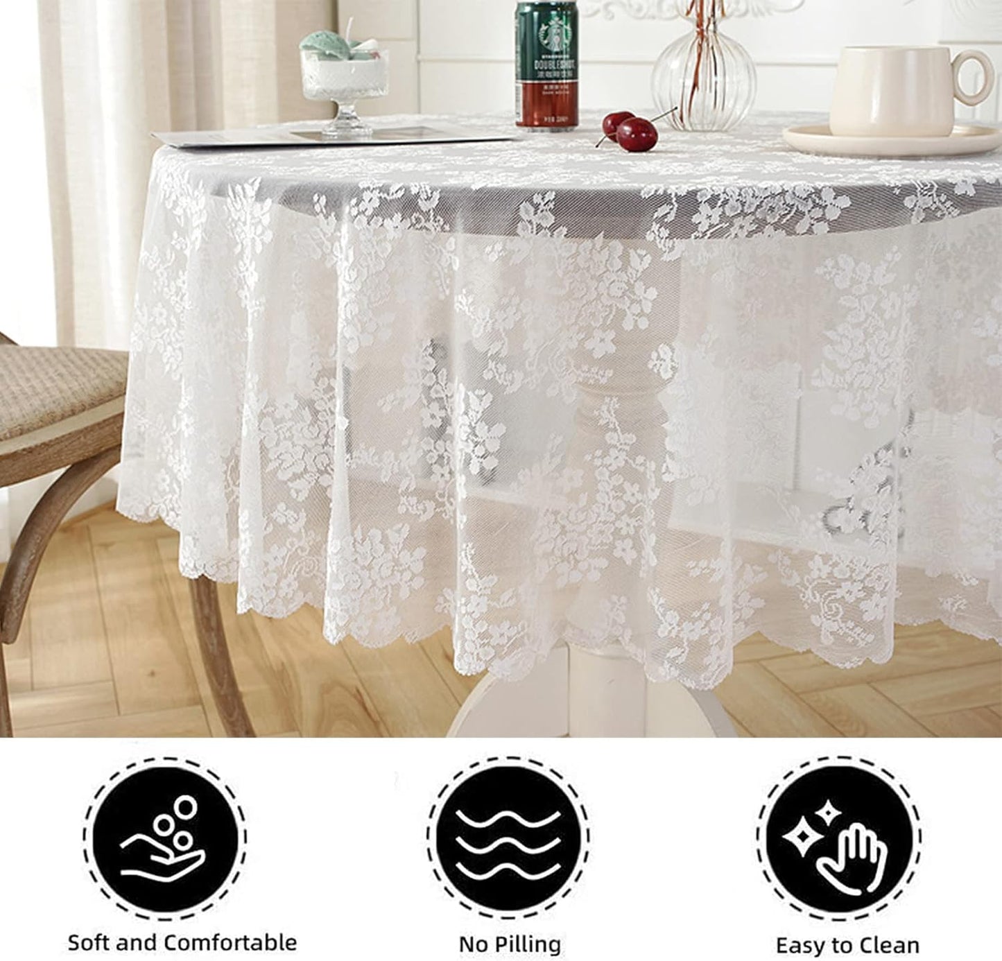 Jeloris Round Lace Tablecloth with Elegant Scalloped Bottom for Any Special Event Such as Wedding, Birthday Party, Baby Shower, Anniversary (60 inch, Style 1)