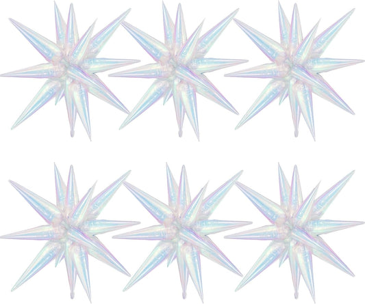 Iridescent Star Foil Balloons, 6Pcs 22in Explosion Star Balloon Large Holographic Spike Cone Clear Foil Balloon for Birthday Baby Shower Mermaid Rainbow Wedding Party Decorations