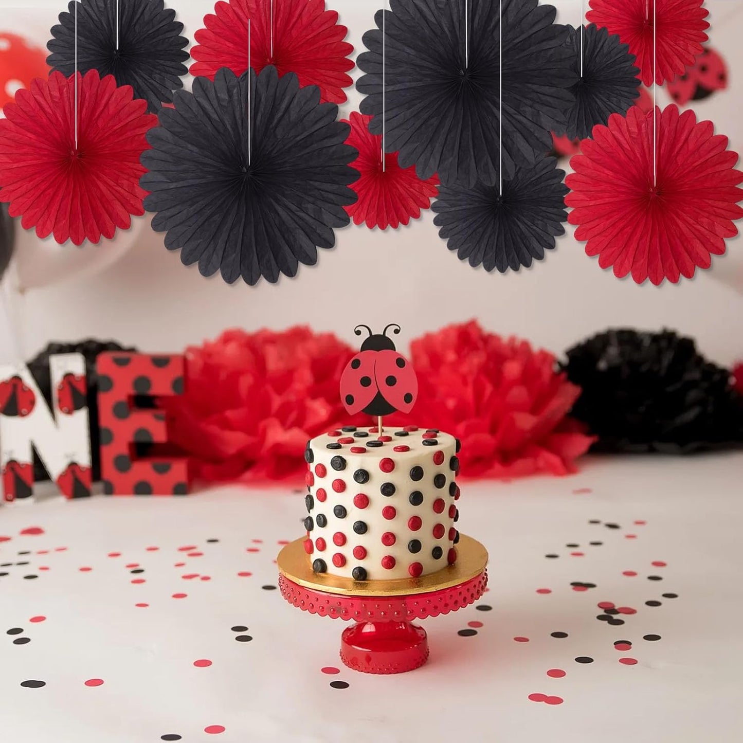 20 Pcs Black Red Hanging Paper Fan, Round Paper Fans Decorations Set for Weddings, Birthdays, Engagement, Bridal Shower, Bachelorette Party Supplies Decor