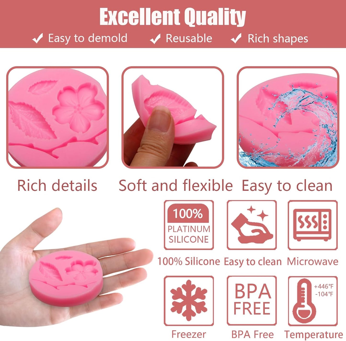 Peach Blossom Shape Molds 4 Pcs, Plant Flowers Leaf Fondant Silicone Molds for Cake Decoration Candy Sugar Cupcake Topper Cake Pop Popsicle Polymer Clay Crafts