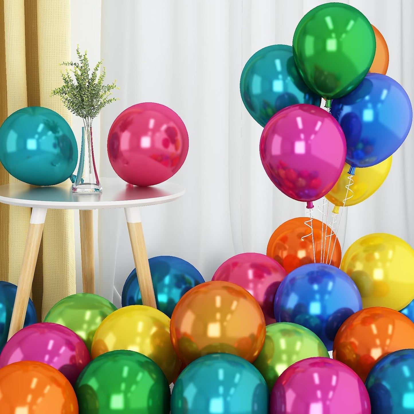 Double-stuffed Metallic Colorful Balloons, 50 Pcs 10 Inch Multicolor Balloons with Double Layer Design for Birthday Party, Wedding, Anniversary, and Celebration Decorations, Includes 10m White Ribbon
