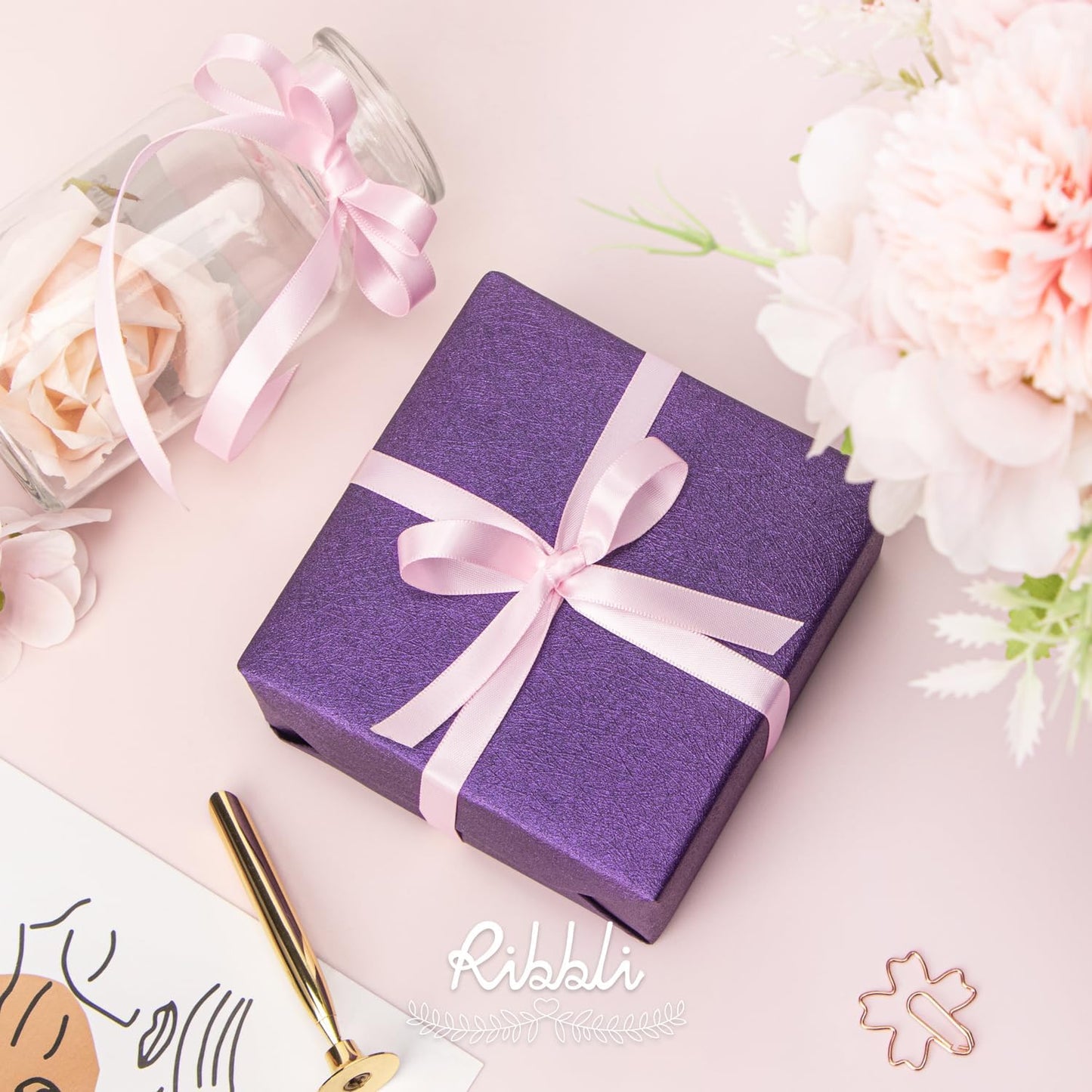 Ribbli Double Faced Light Pink Satin Ribbon,3/8” x Continuous 25 Yards,Use for Bows Bouquet,Gift Wrapping,Floral Arrangement