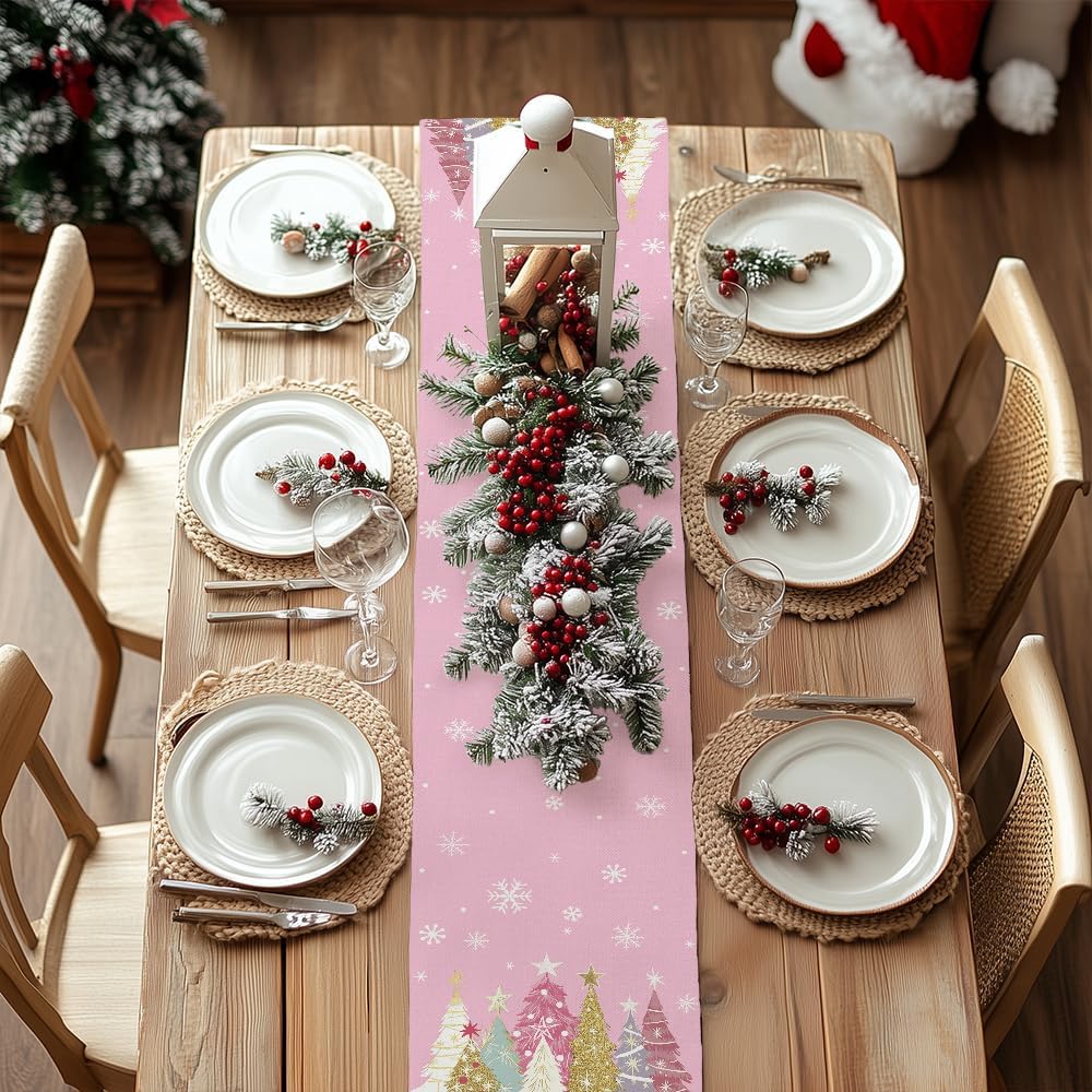GEEORY Christmas Table Runner 13x60 Inch, Xmas Trees Snowflakes Holiday Decorative Farmhouse Table Decoration for Kitchen Dinning, Indoor Outdoor Dinner Party Decor (Pink) GT153-60