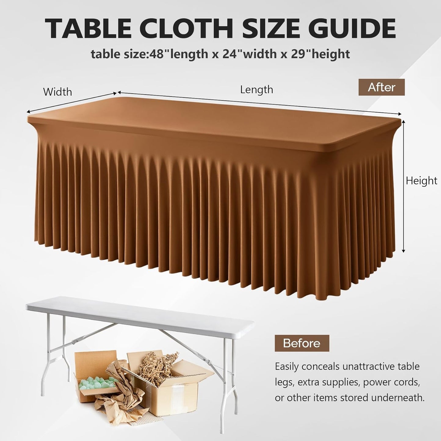 Wish Care 2 Pack Brown Spandex Table Clothes for 4 Foot Rectangle Tables, 4FT Wrinkle Free Fitted Tablecloths Ruffles Design Table Cover for Party, Banquet, Wedding and Events