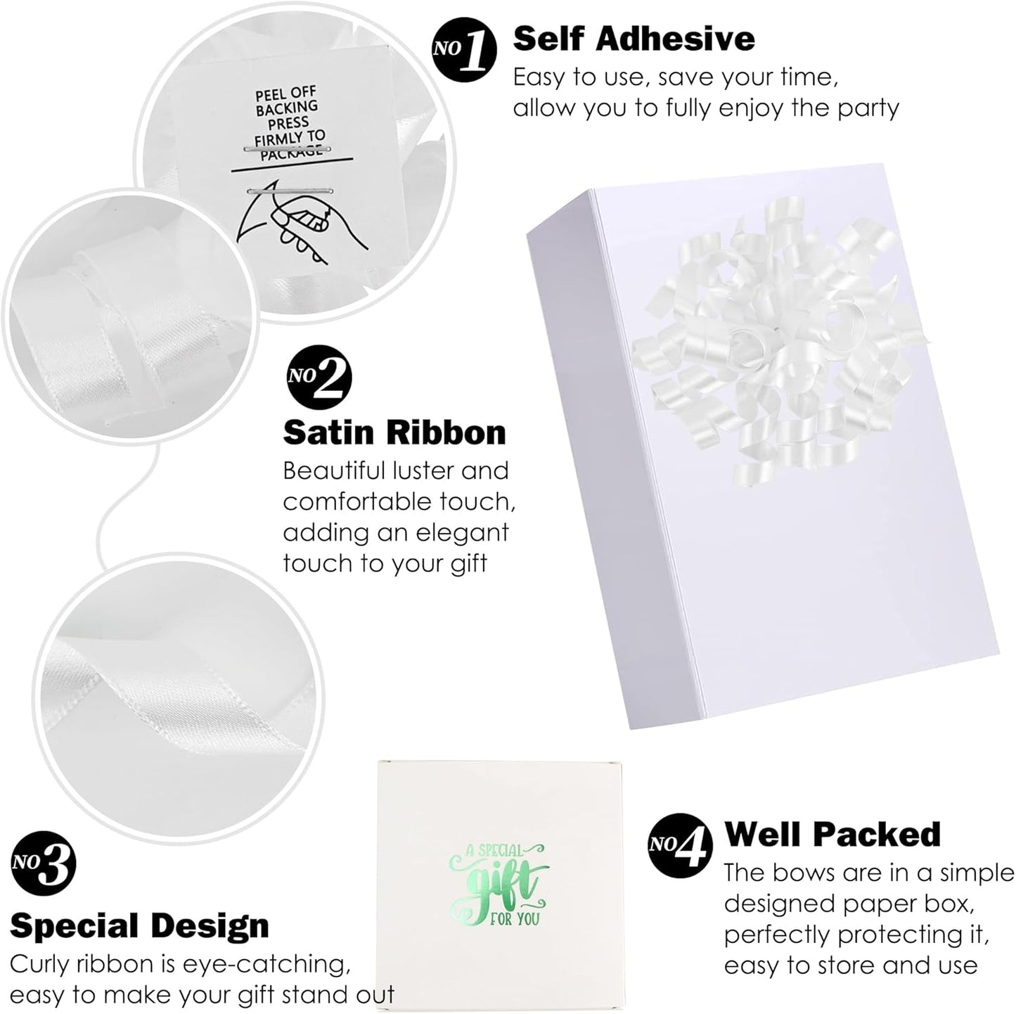 5 Inch White Gift Bow Curly Ribbon Bows Set of 8, Double Faced Satin Ribbon Bow Premade Self Adhesive Bow Decorations for Party, Wedding, Holiday, Gift Bows for Crafts, Wine Bottle, Presents