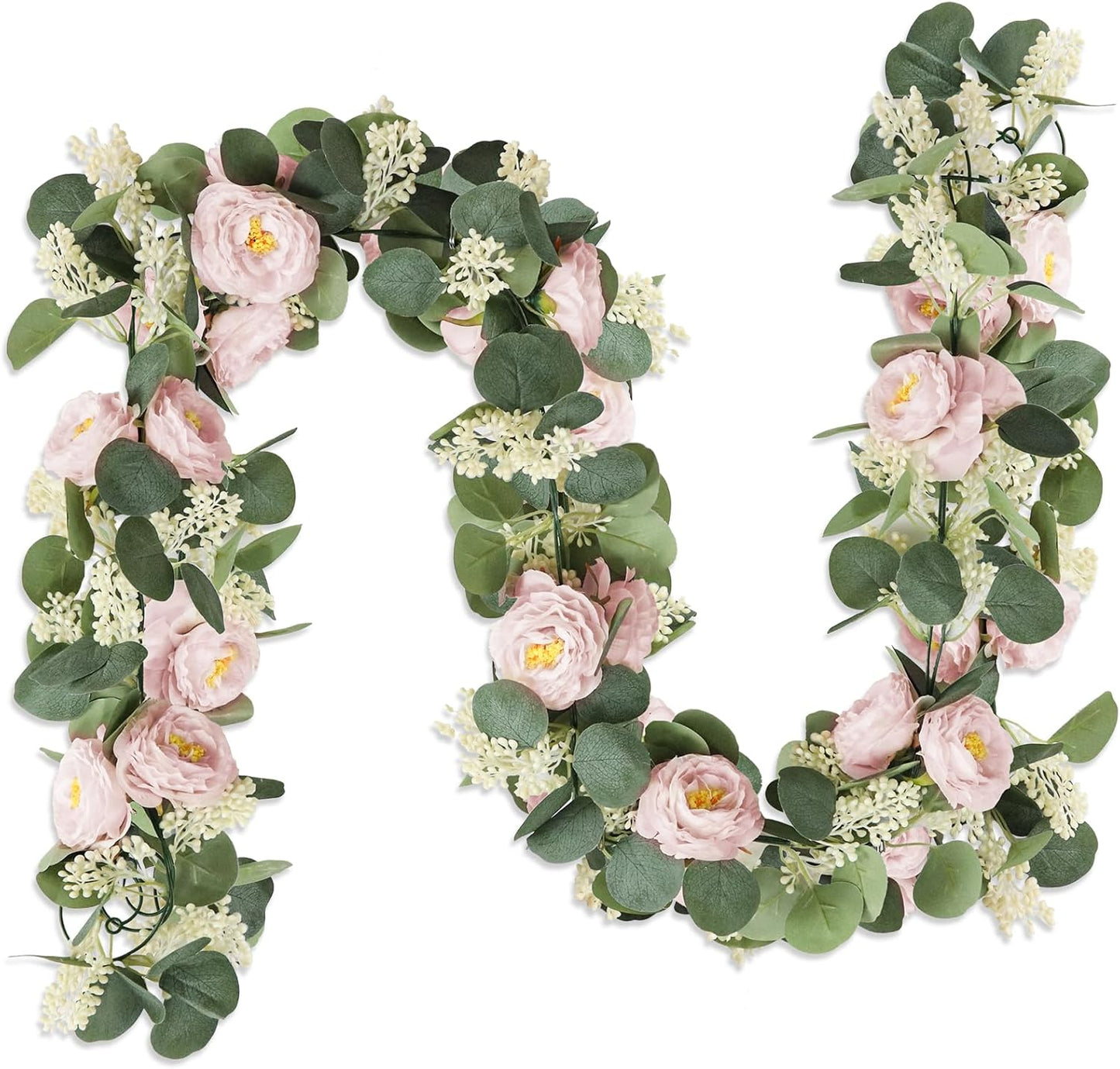 MAKHOT 2 Pcs Pink 6.6Ft Artificial Eucalyptus Garland with Fake Rose Flower Vine (Pink2)