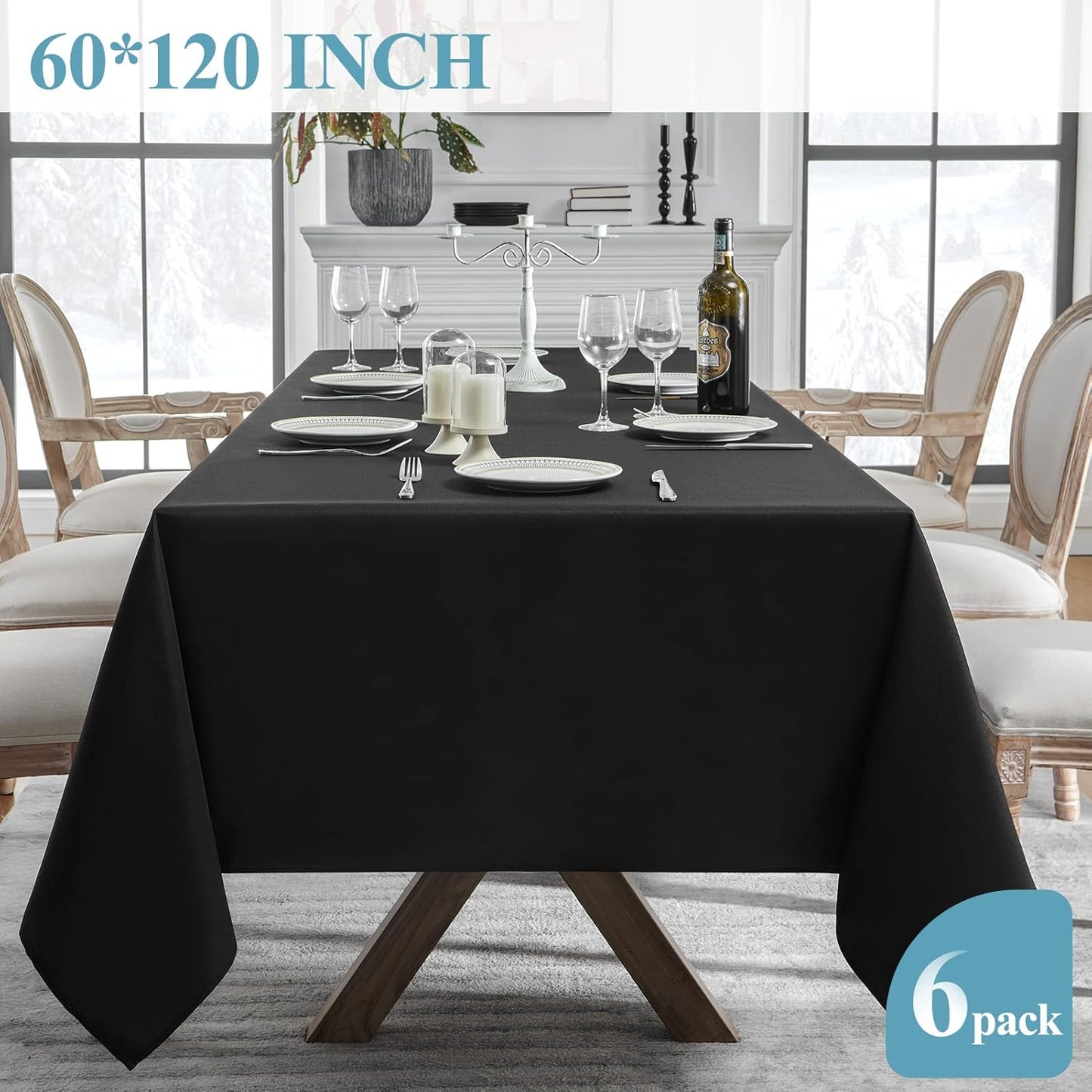 VidaFete Tablecloth 60 * 120nch 6pack Rectangle Table Cloth Polyester, Stain Wrinkle Resistant Dining Table Cover for Kitchen Dinning Party Wedding Rectangular Tabletop Buffet Decoration(Black)