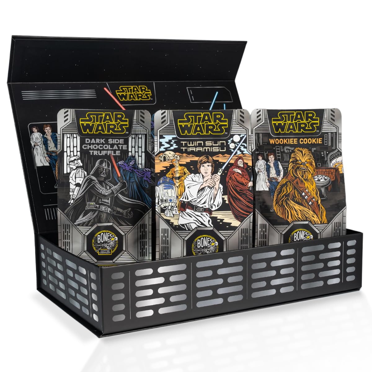 Bones Coffee Company Star Wars Collector's Box Flavored Coffee, Low Acid Medium Roast Arabica Beans Coffee Gifts, Star Wars Inspired, For Auto Drip and French Press,12 oz Pack of 3 Ground
