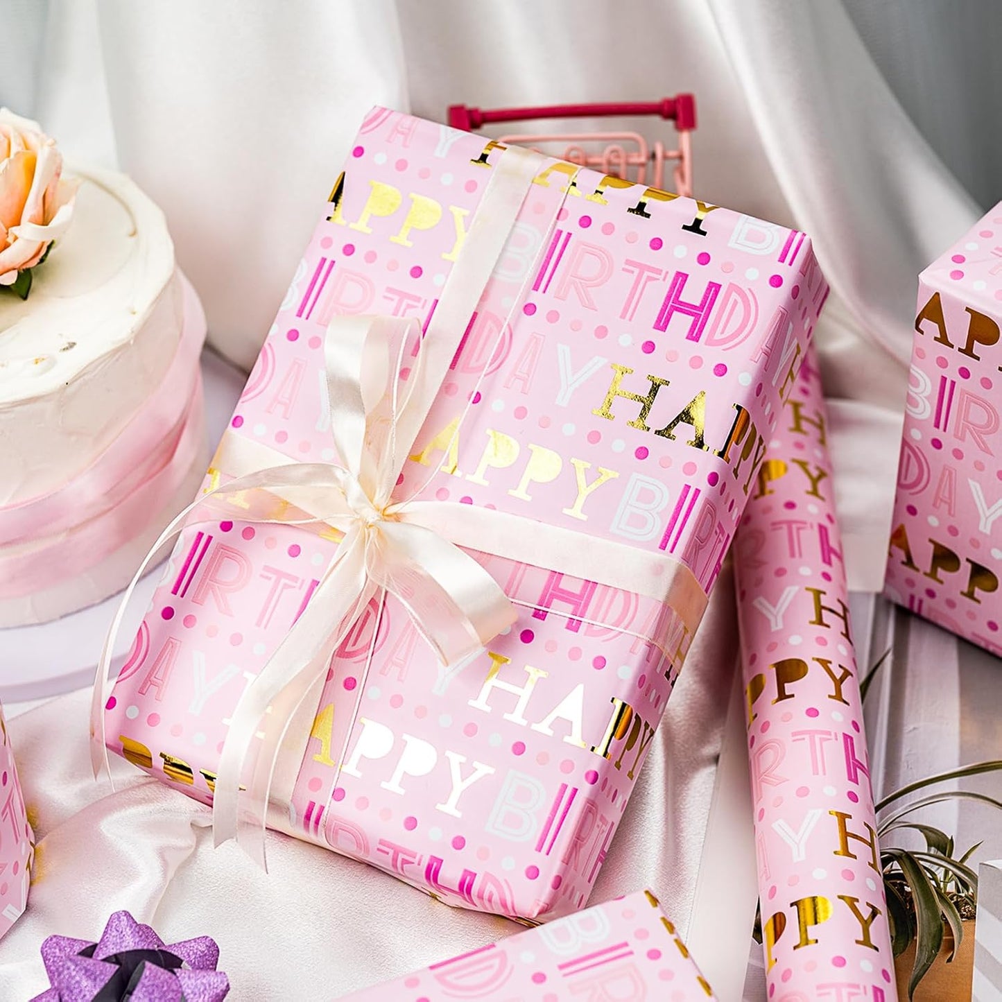 Yarcony Girl Birthday Wrapping Paper Roll, Pink and Gold Wrapping Paper, Gold Foil Girly Happy Birthday Lettering Design Pink Gift Wrap for Girls Women, Baby Shower, Christmas(17 Inch X 33 Feet)