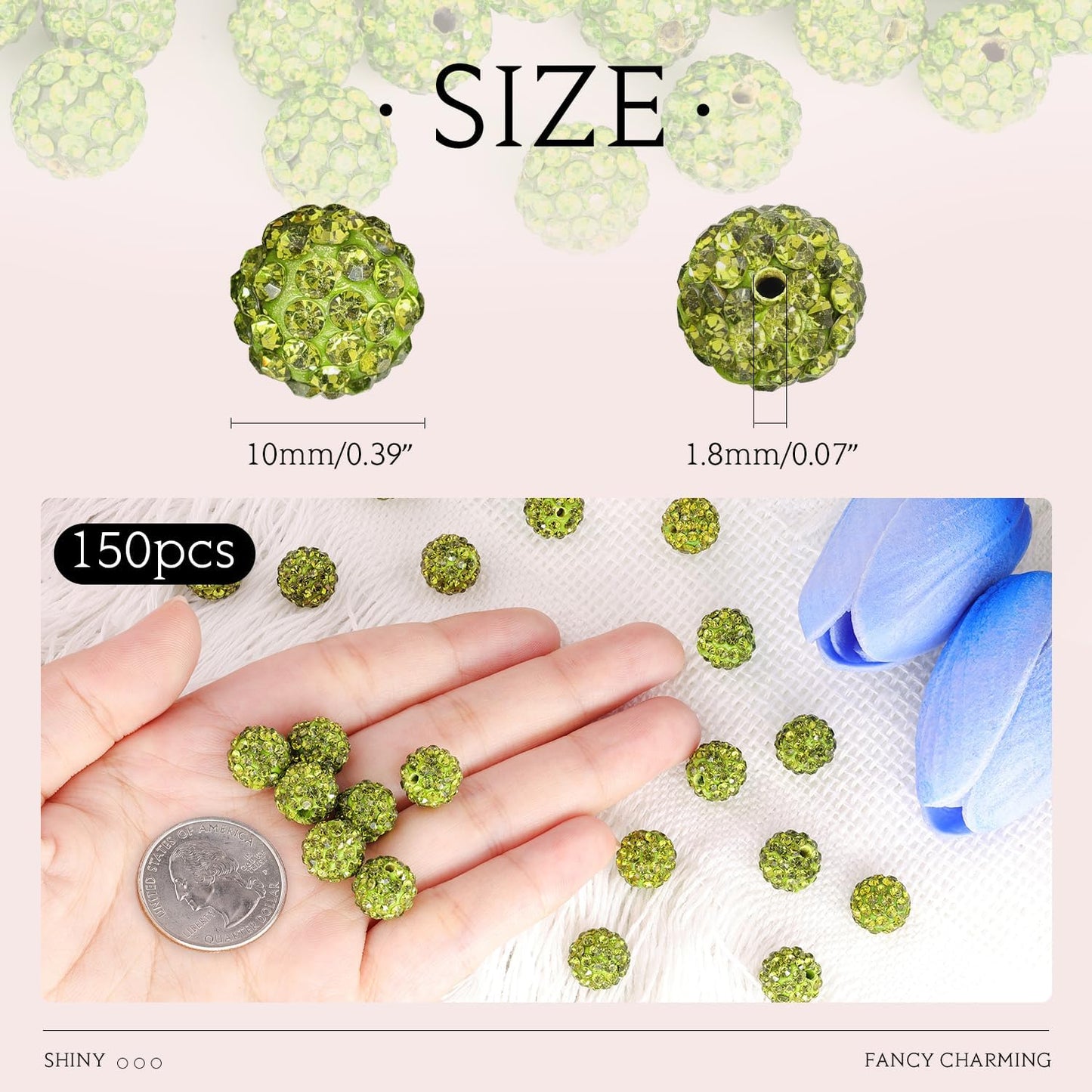 150 pcs 10mm Rhinestone Beads for Jewelry Making, Olivine Shiny Round Shamballa Disco Beads Bulk, Sparkle Crystal Clay Christmas for Bracelet Baseball Necklace Earring Crafting and DIY