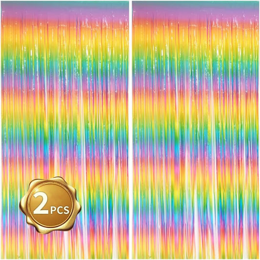 BEISHIDA 2 Pack Light Rainbow Foil Fringe Curtain Assorted Colorful Tinsel Metallic Curtains Photo Backdrop for Birthday Party Wedding Engagement Bridal Shower (3.28 x 6.56 ft)