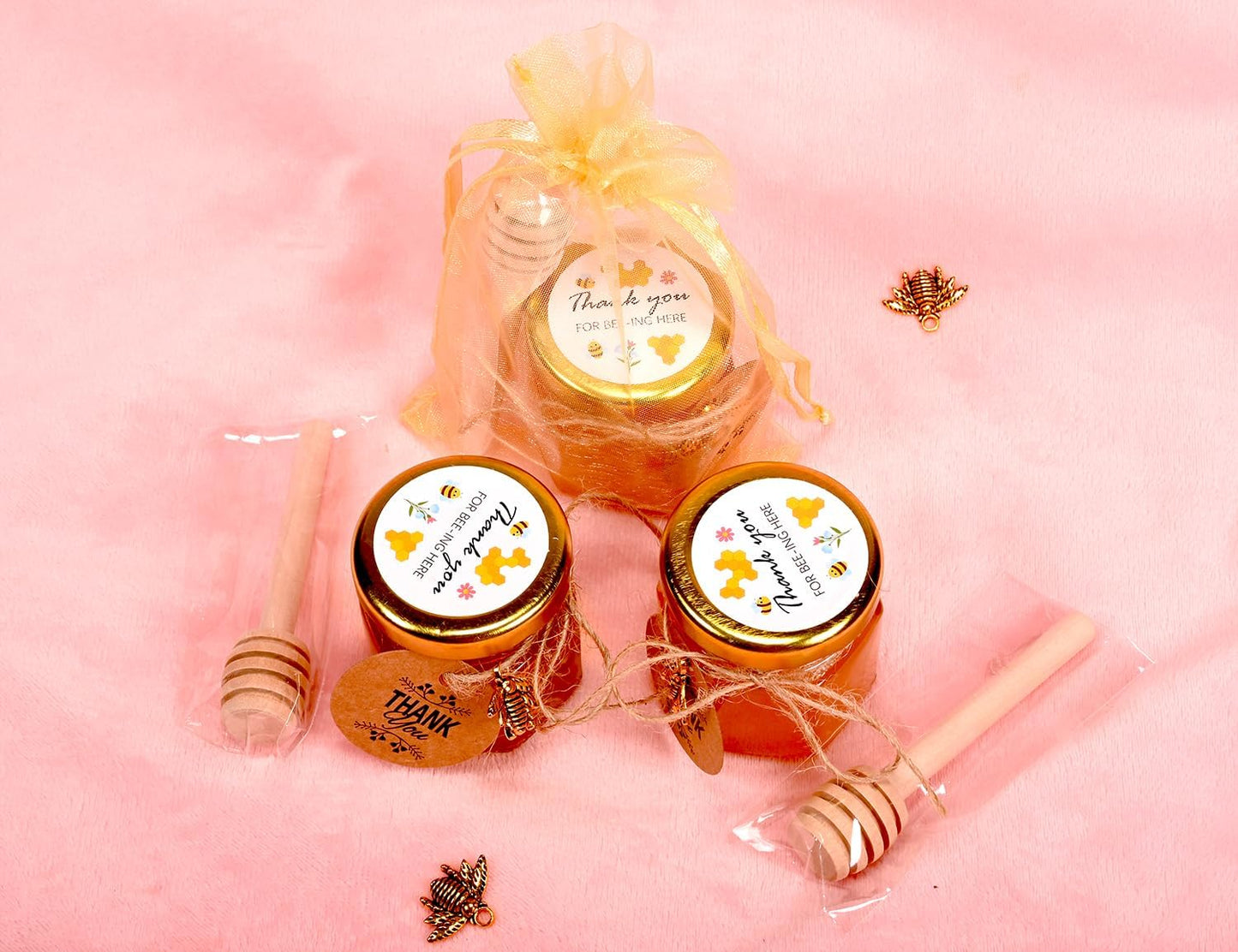 Adabocute 60 Pack Mini Honey Jars with Dipper - Honey Pot with Gold Lid, Bee Pendants, Jutes, Gift Bags and Stickers - For Baby Shower Wedding Favors