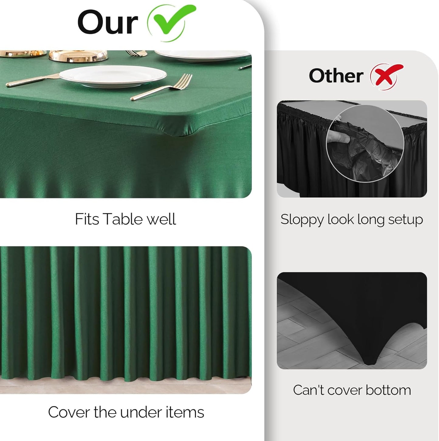 Wish Care 2 Pack Hunter Green Spandex Table Clothes for 4 Foot Rectangle Tables, 4FT Wrinkle Free Fitted Tablecloths Ruffles Design Table Cover for Party, Banquet, Wedding and Events