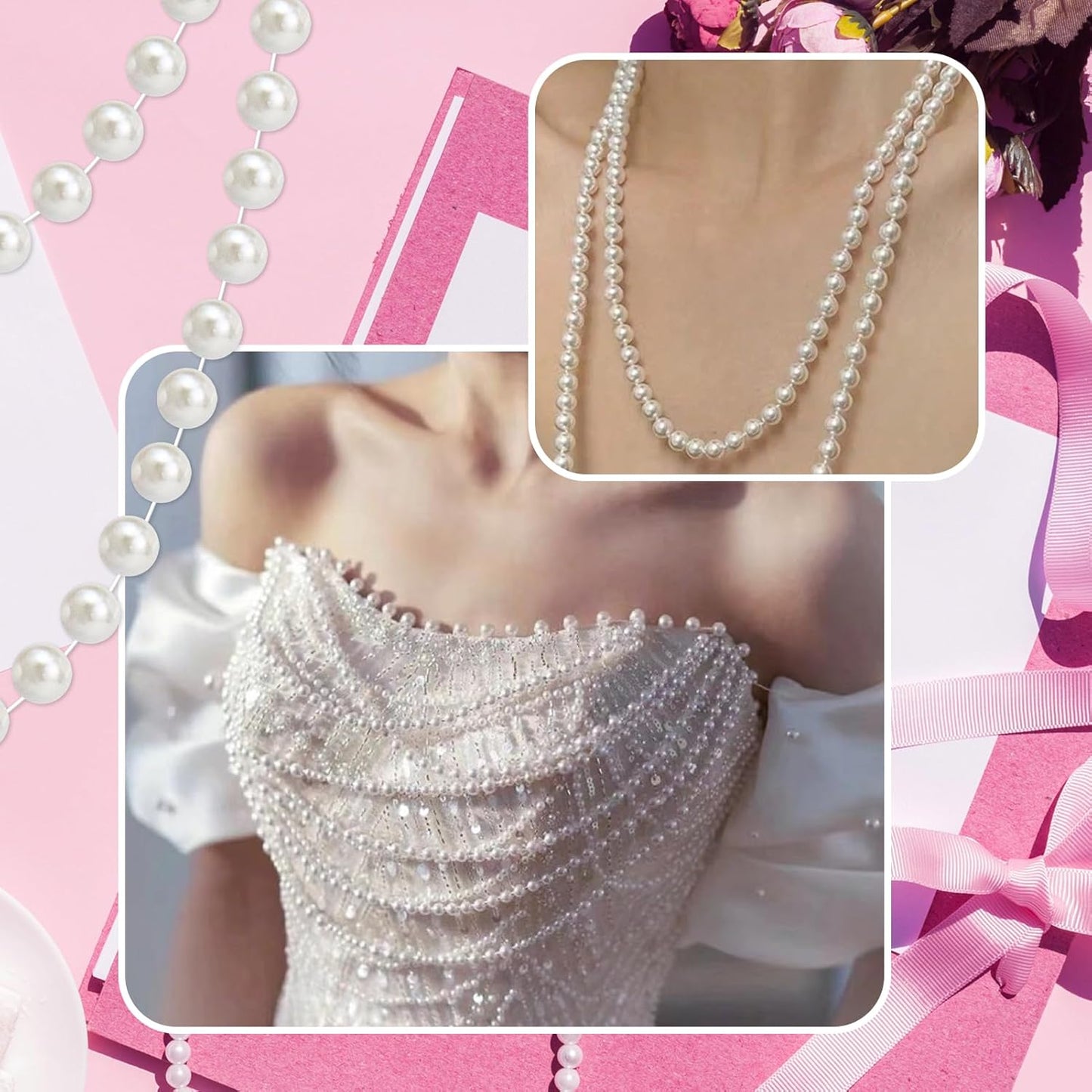 99 Feet 5mm Faux Pearl Strings Garland Artificial Pearl Beaded Trim Chain Strands for Crafting Wedding Centerpieces Bouquet Party Decoration Christmas Tree Garland, White