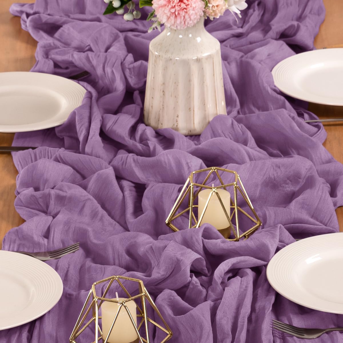 MLMW 3 Pack Fall Table Runner Purple Cheesecloth Boho Rustic Sheer Cheese Cloth Table Runner 160 inch 13.3ft for Halloween Wedding Party Baby Bridal Shower Birthday
