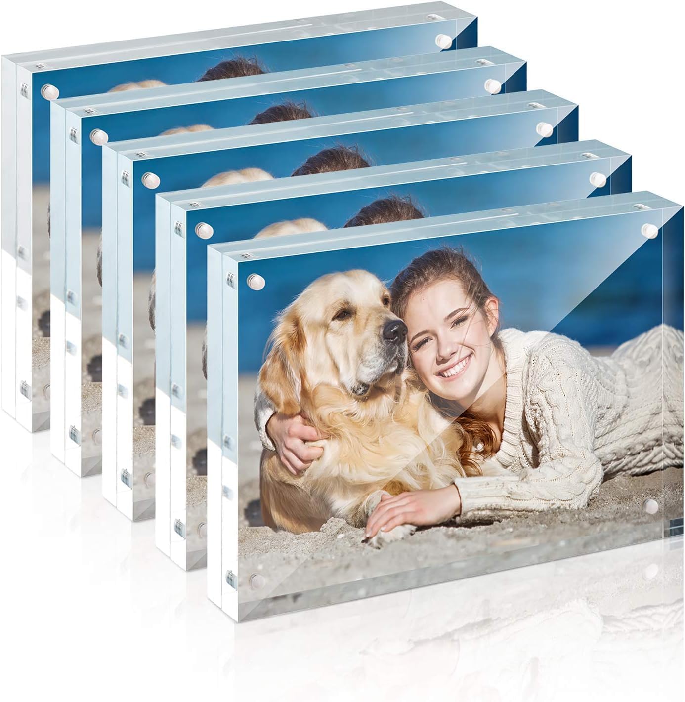 TWING 5 Pack 4 x 6 Acrylic Frame, Horizontal Magnet Double Sided 4x6 Picture Frame,12+12MM Thick Clear Frameless Desktop Display Self Standing Magnetic Acrylic Block Photo Frame