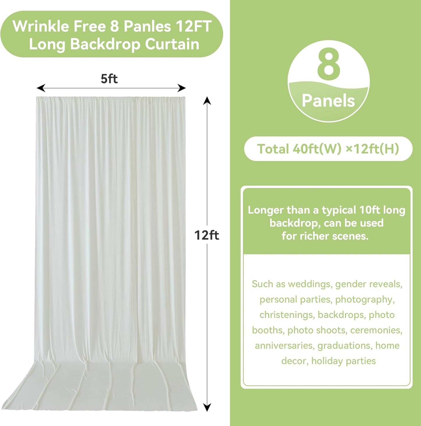 leegleri 40ftx12ft Wrinkle Free Ivory Backdrop Curtain, 8 Panels 12FT Height Ivory Wedding Backdrop Drapes, Silky Polyester Back Drop Cloth for Birthday Photography Background Party Backdrop Draping