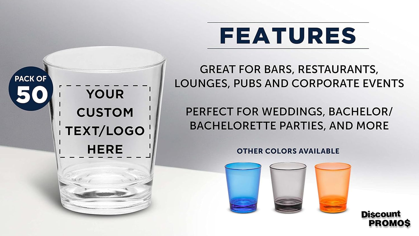 DISCOUNT PROMOS Custom Translucent Plastic Shot Glasses 1.5 oz. Set of 50, Personalized Bulk Pack - Acrylic, Great for Wedding, Party, Birthday, Gifts - Clear